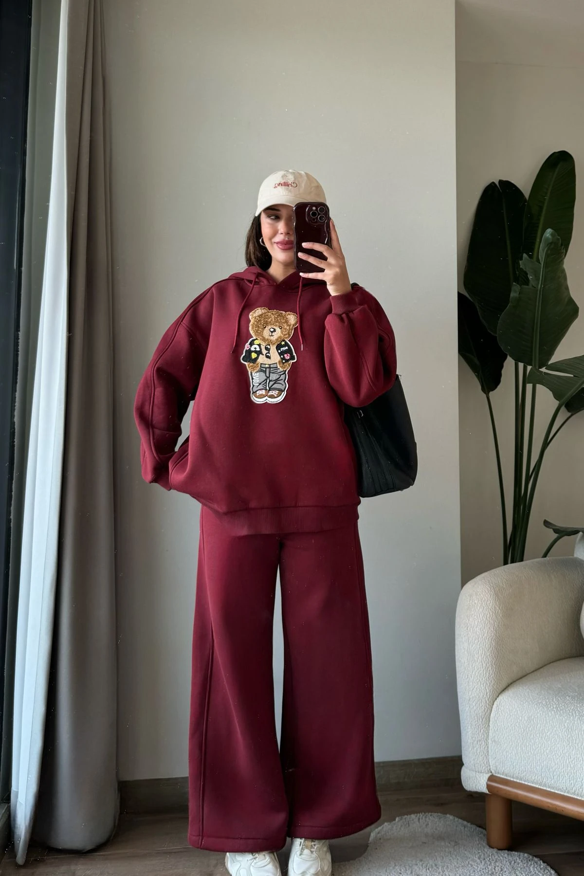 Üç iplik şardonlu ayıcık baskılı sweat eşofman takım