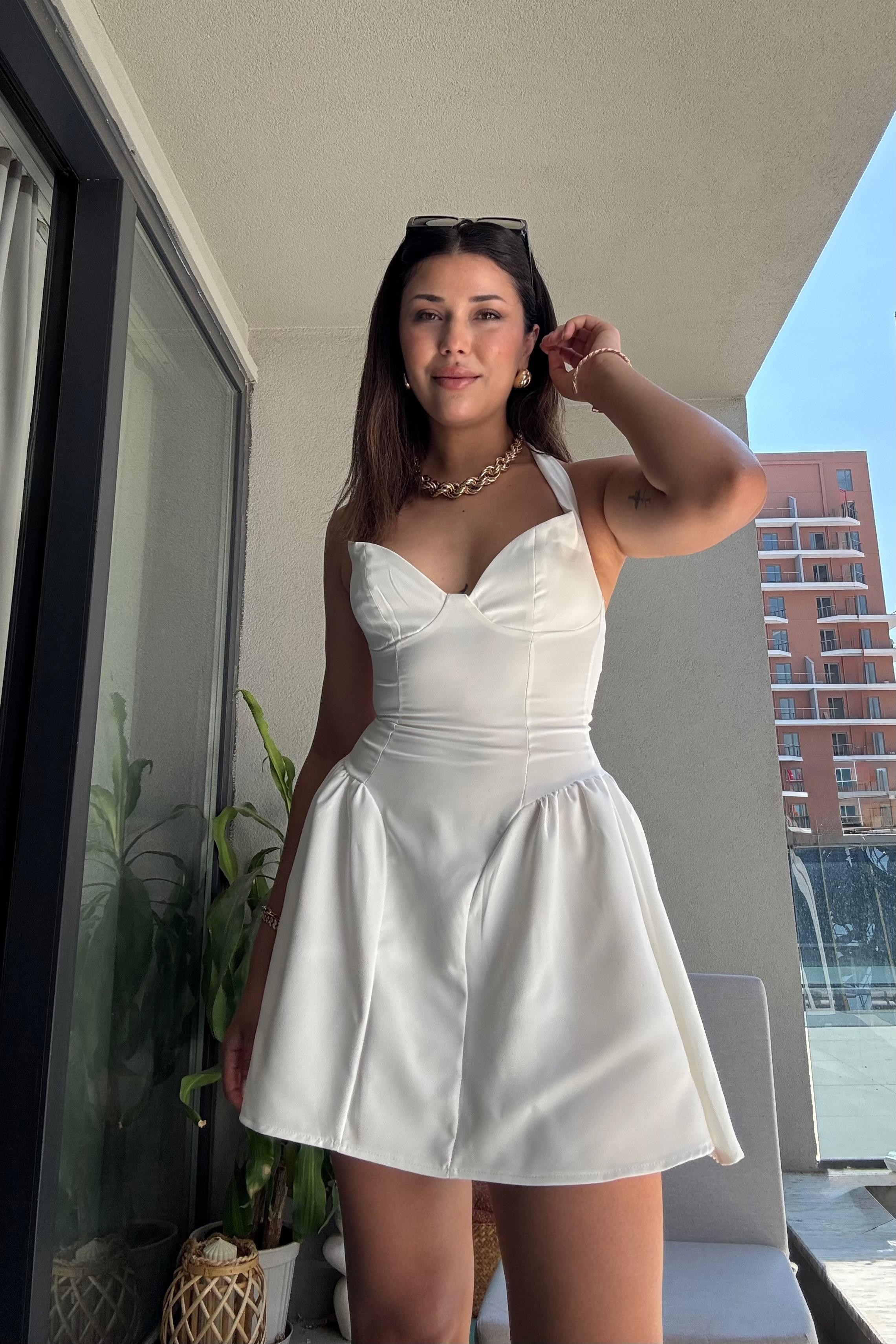 Luna Drapeli Mini Elbise - Pearl Halter