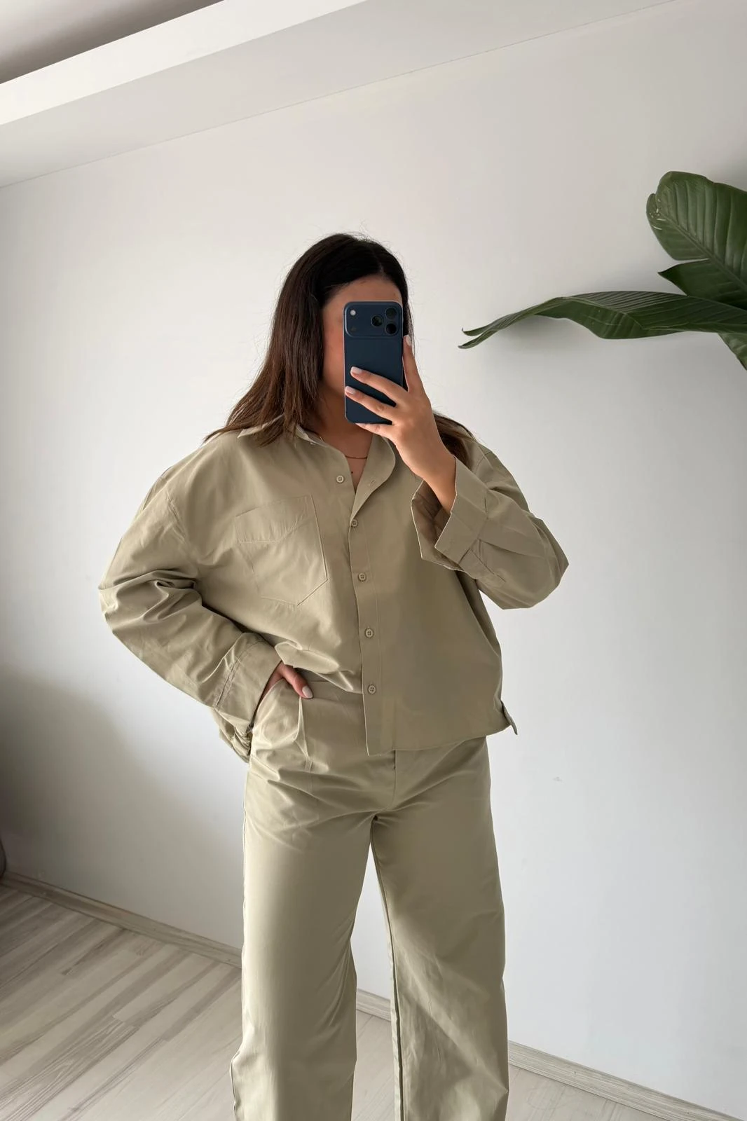 Hacimli Gömlek Palazzo Takım - taş