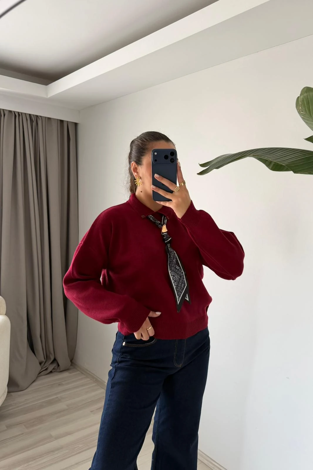 Oversize Polo Yaka Triko Kazak (Fularlı) - bordo