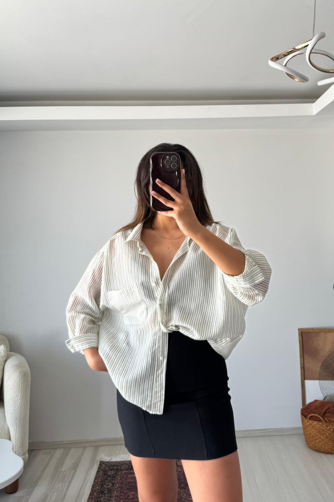 Çizgili Oversize Uzun Kollu Gömlek – Ekru/Haki
