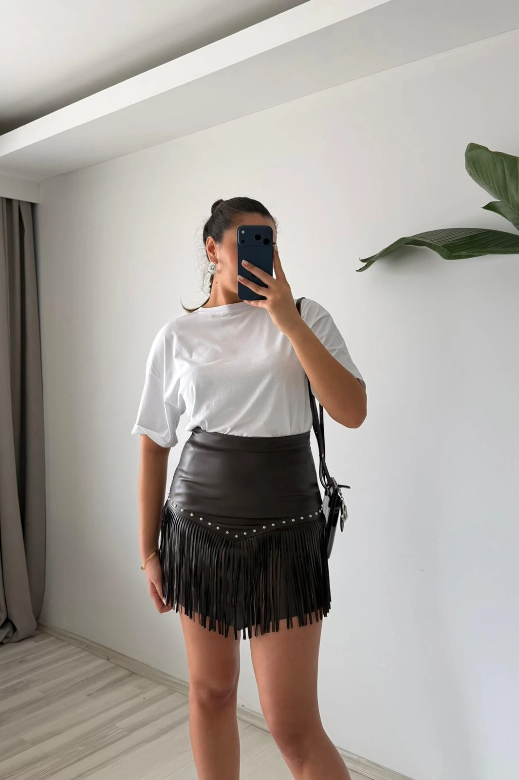 Püskül Detaylı Suni Deri Mini Etek - acı kahve