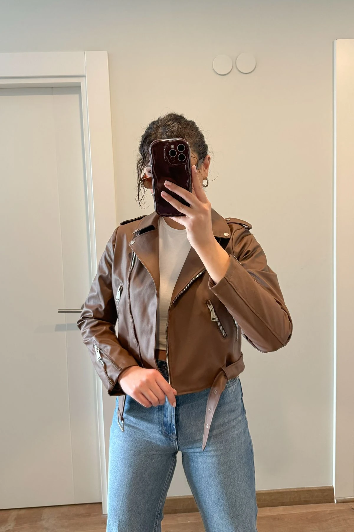 Kemerli Suni Deri Ceket