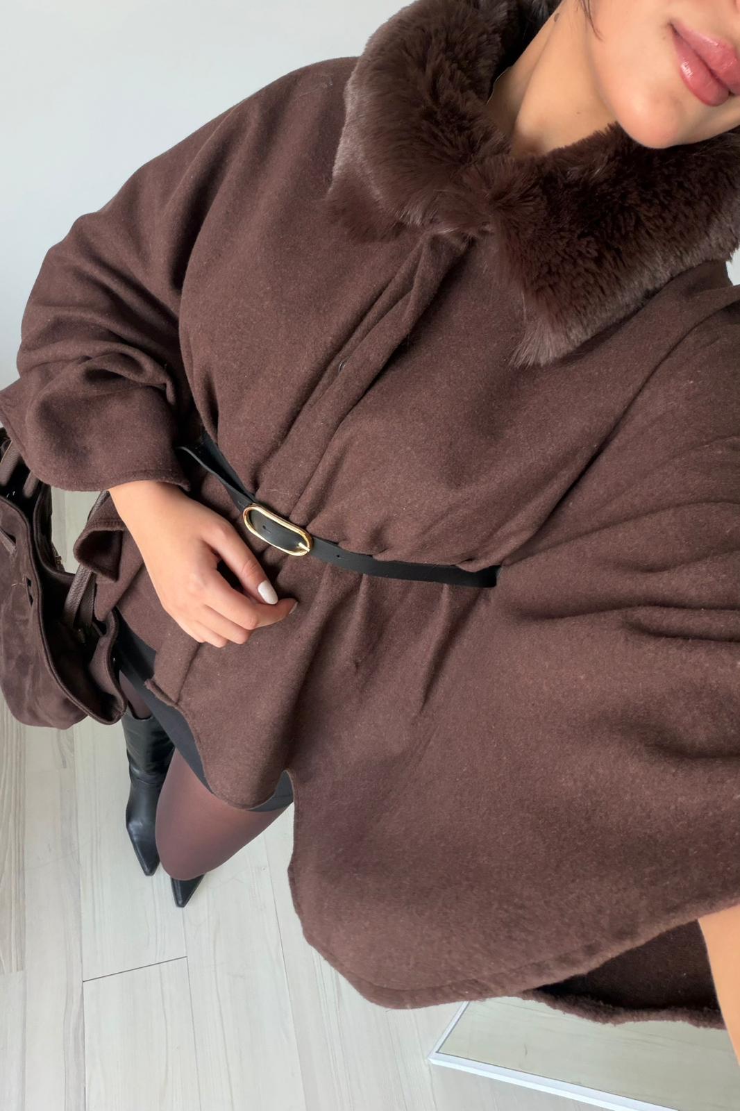 Peluş Yaka Oversize Panço Ceket – Kahverengi