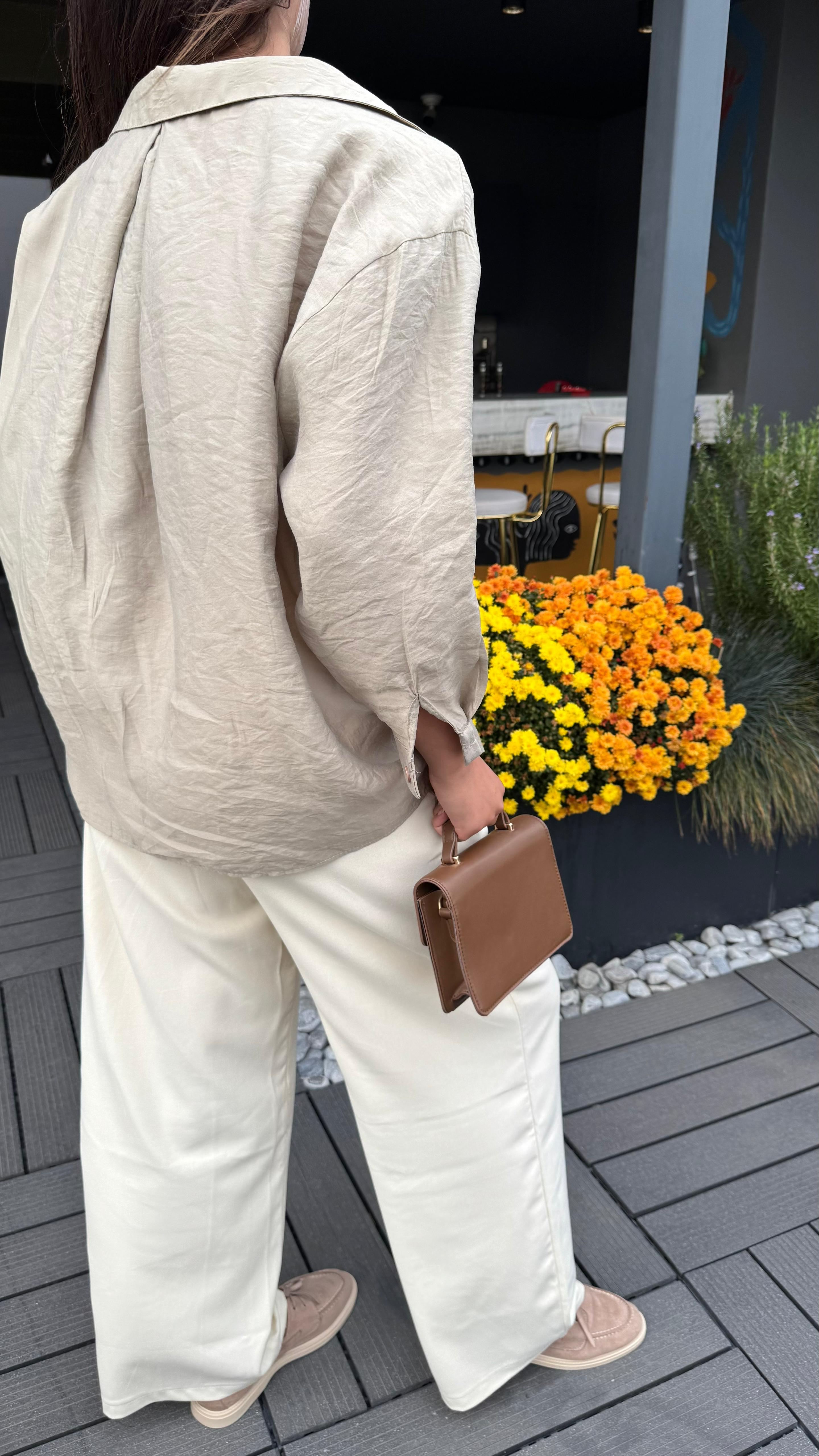 Normal Bel Düz Kesim Palazzo Pantolon – Ekru