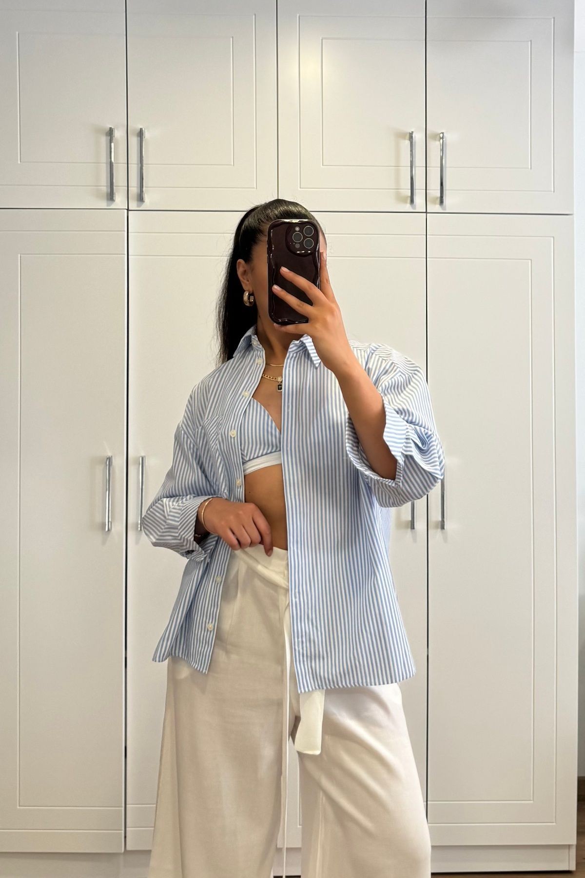 Kadın Çizgili Oversize Gömlek & Bralet Takım