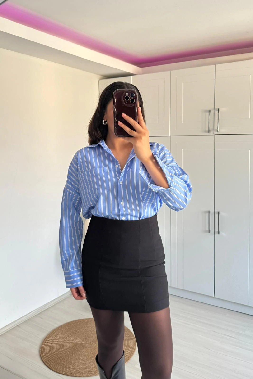 Mavi Çizgili Oversize Tek Cep Gömlek