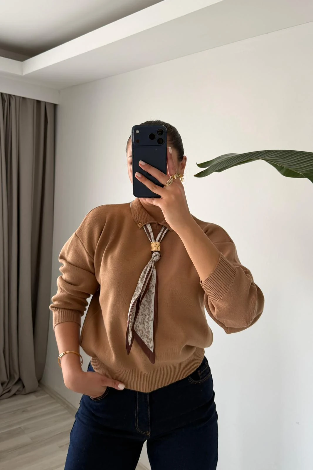 Oversize Polo Yaka Triko Kazak (Fularlı) - vizon