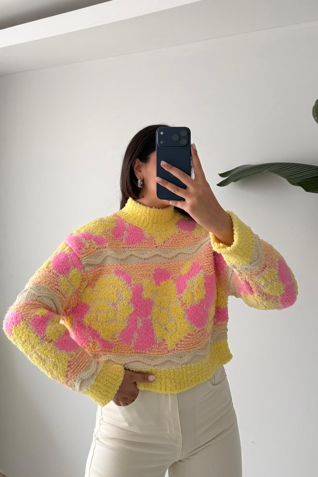 Peluş Dokulu Desenli Triko Kazak