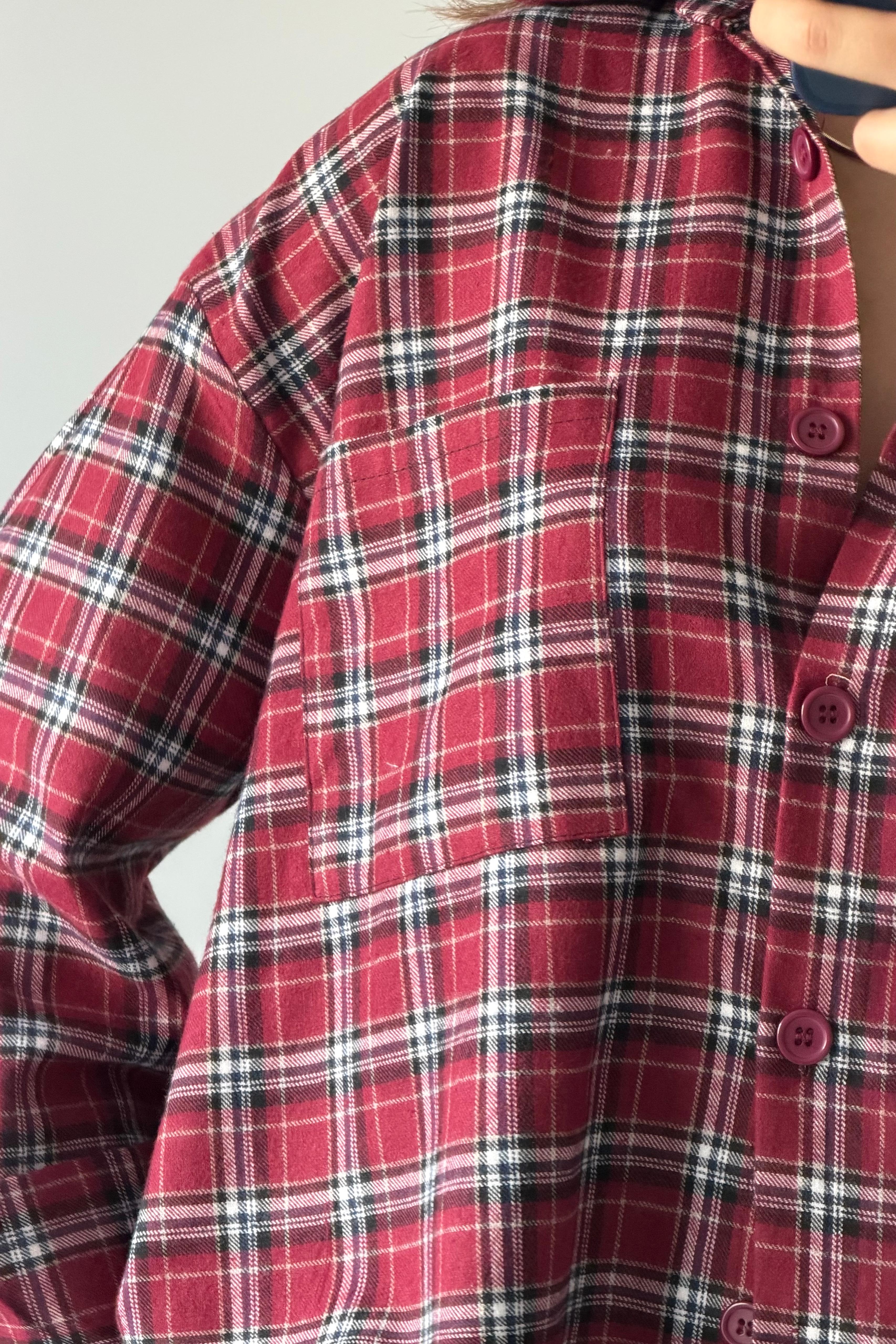 Oduncu Dokulu Kareli Oversize Gömlek - kırmızı