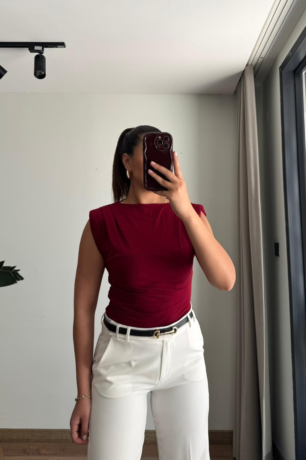 Drape Detaylı Vatkalı Bluz - bordo