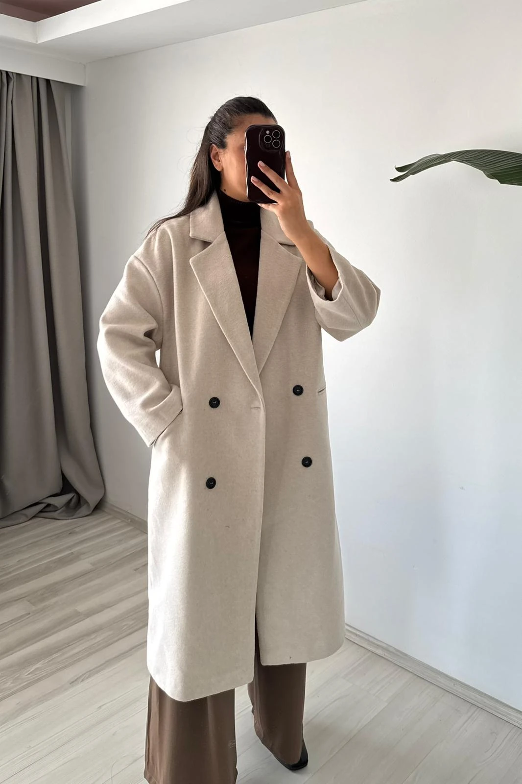  Düğmeli Oversize Uzun Kaban - bej