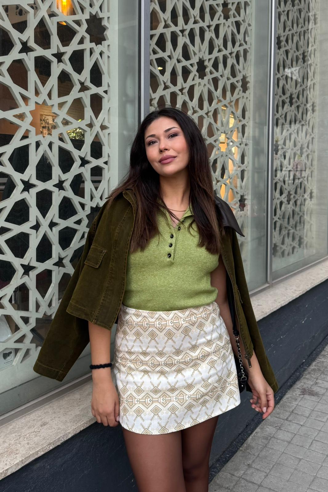 Triko Polo Yaka Kolsuz Bluz - Yeşil