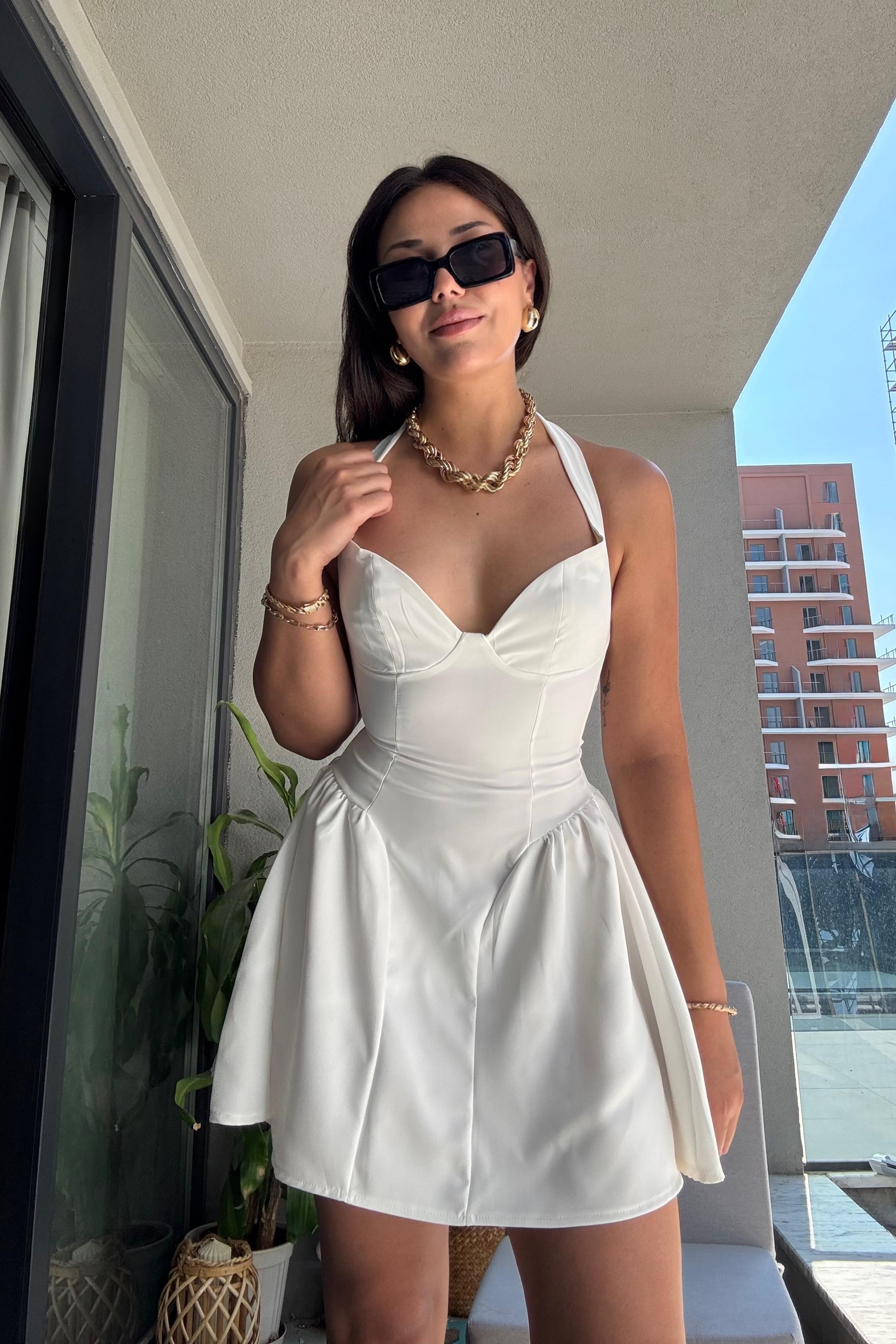 Luna Drapeli Mini Elbise - Pearl Halter