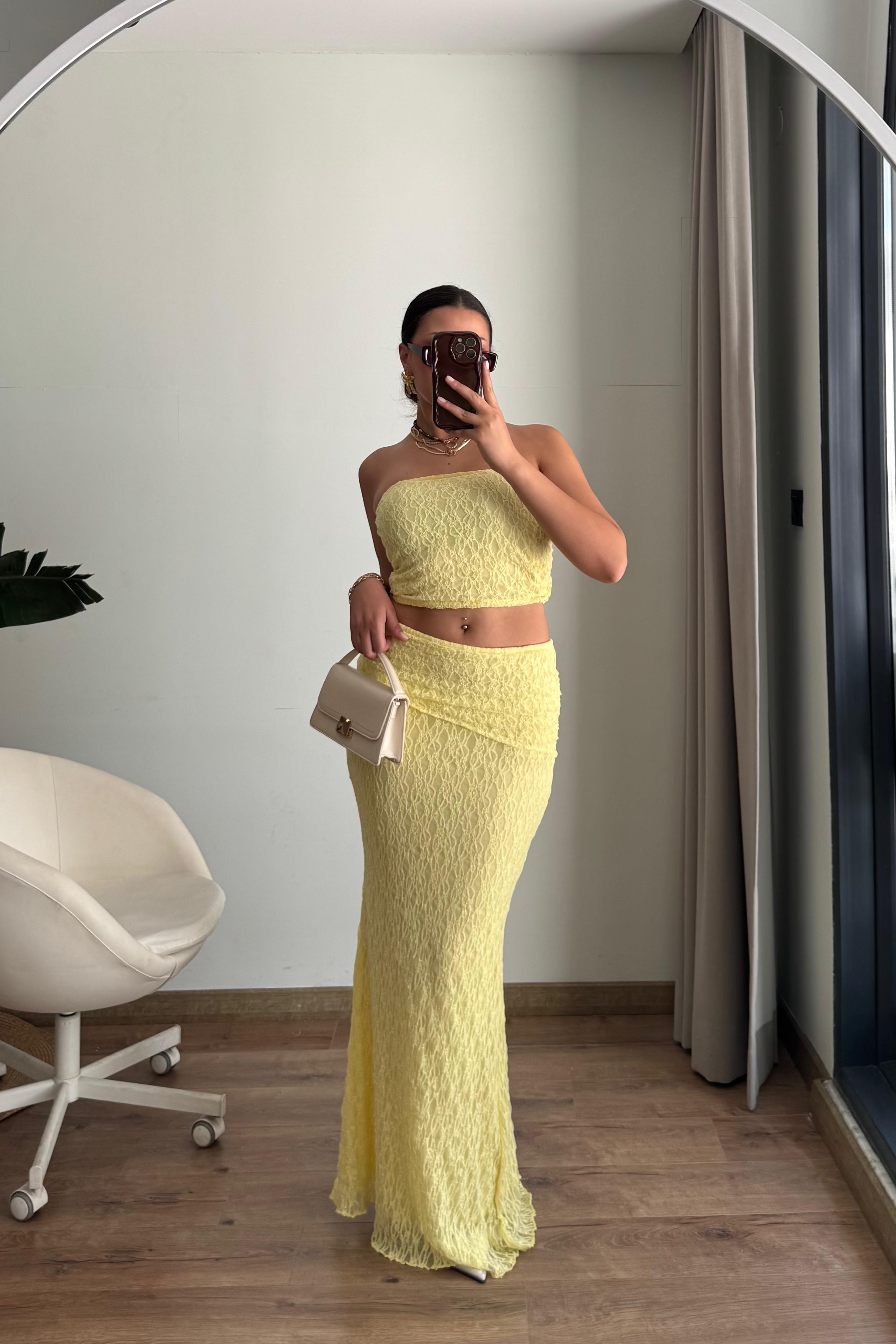 Straplez Dantel Maxi Takım - sarı