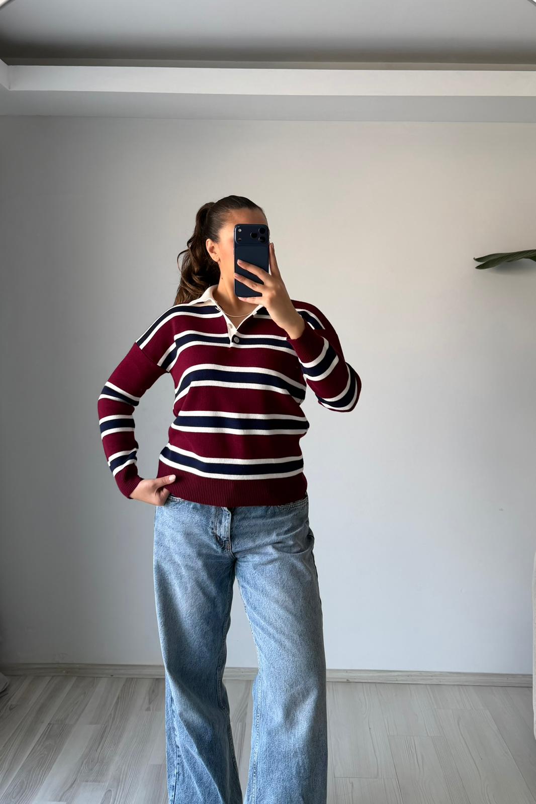 Polo Çizgi Triko – Bordo