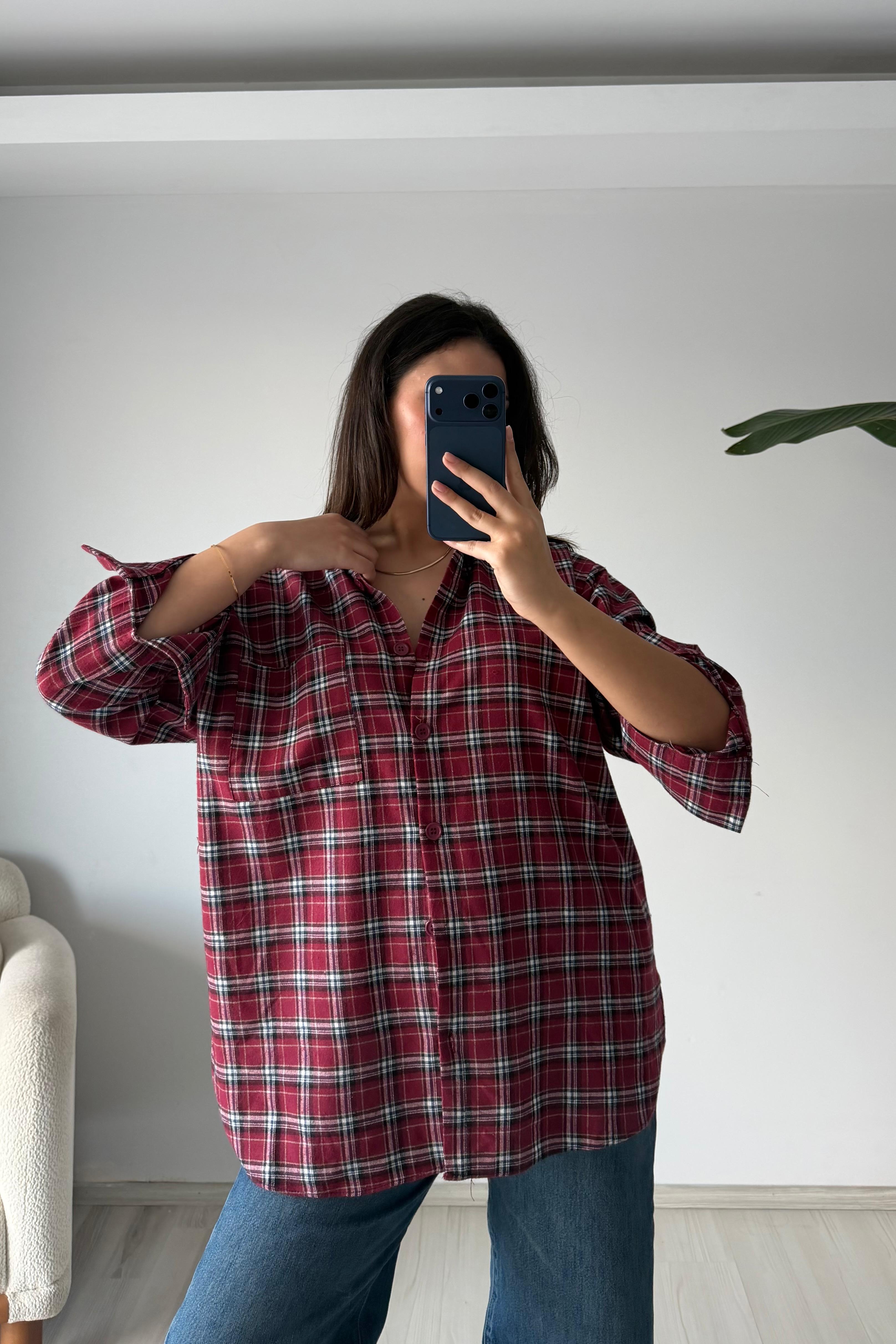 Oduncu Dokulu Kareli Oversize Gömlek - kırmızı