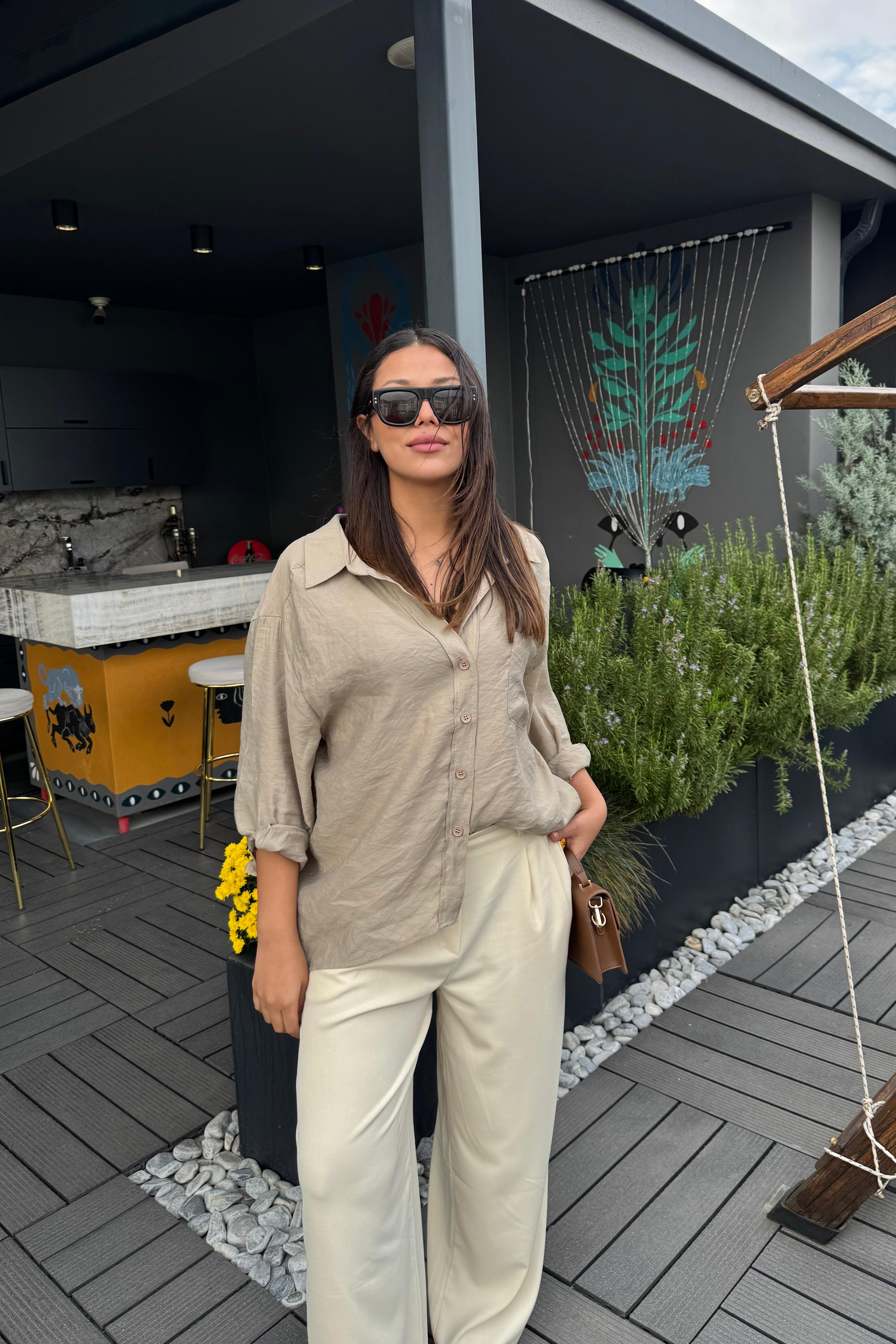 Oversize Keten Dokulu Gömlek