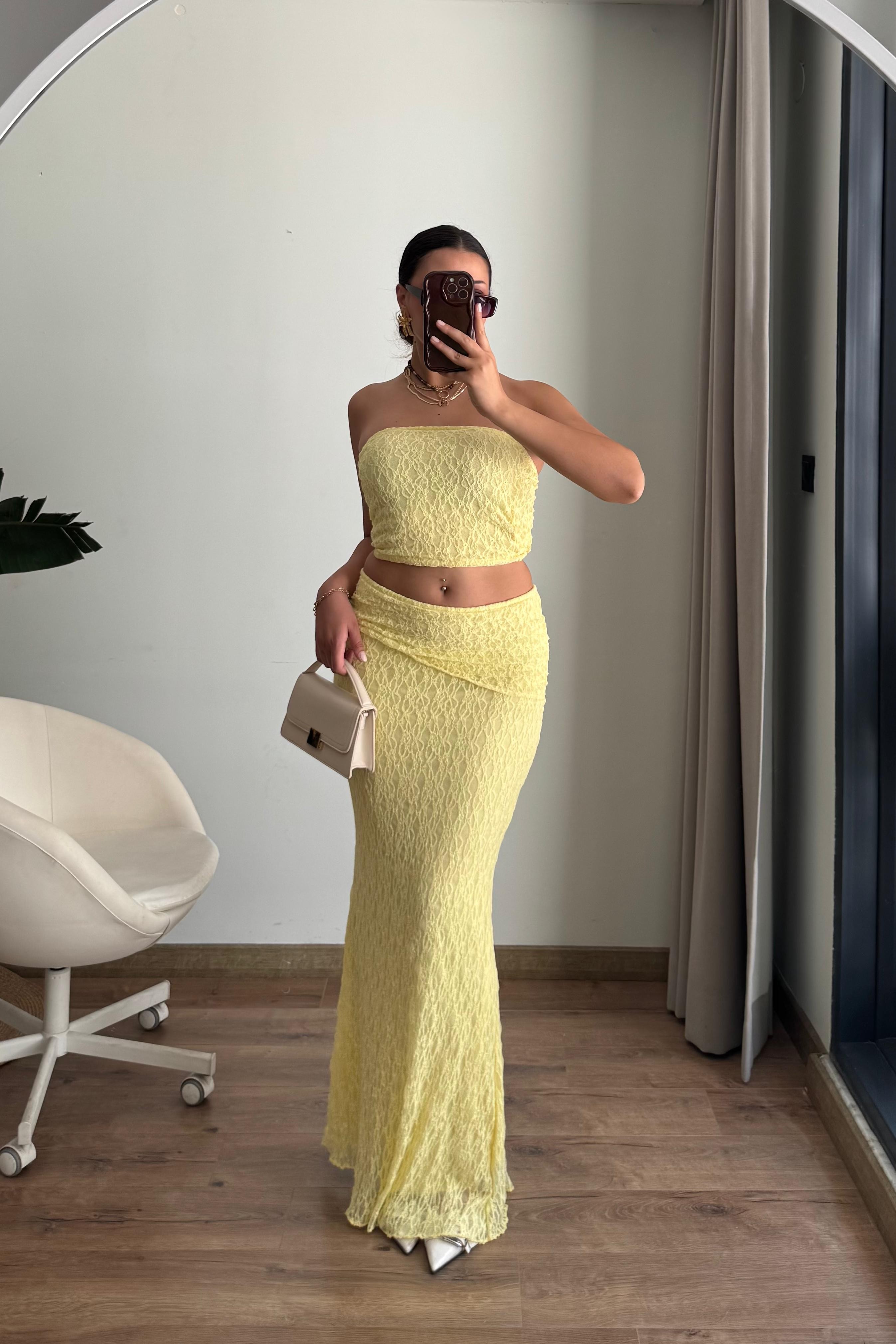 Straplez Dantel Maxi Takım - sarı