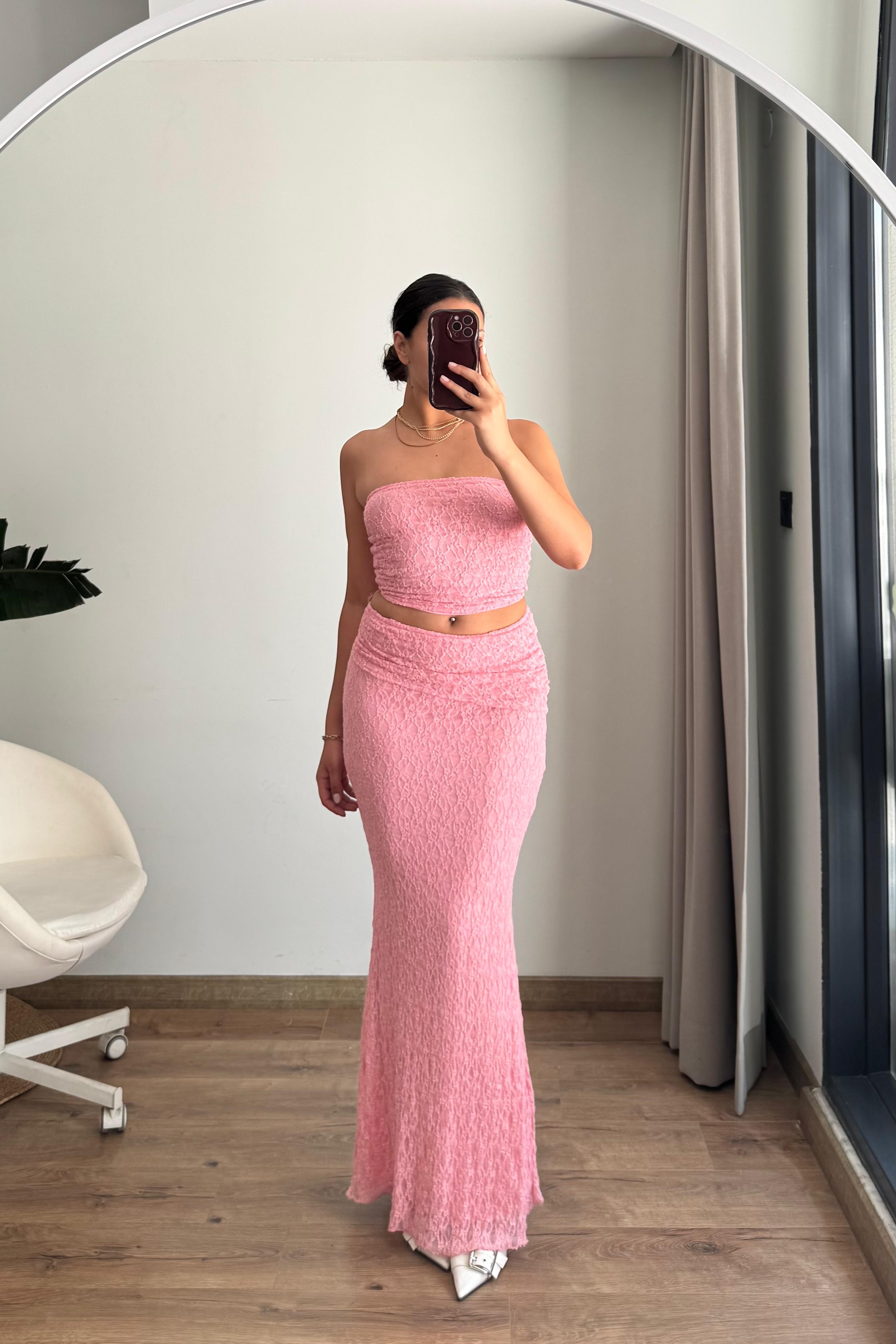 Straplez Dantel Maxi Takım - pembe