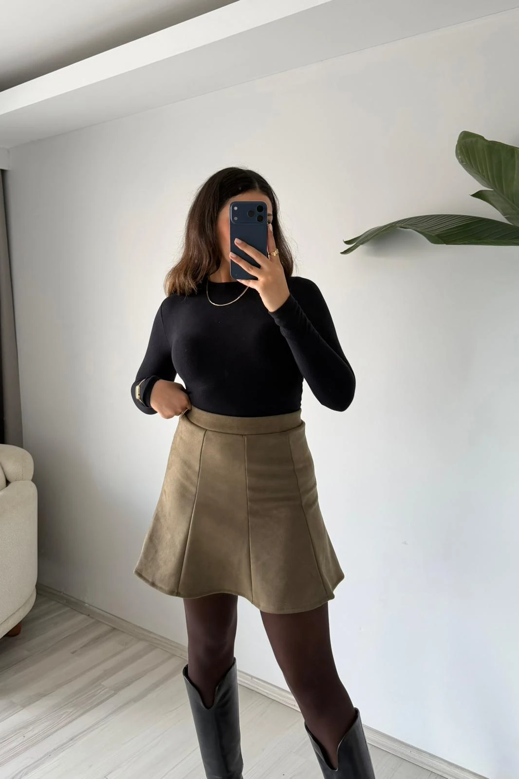 A Kesim Süet Mini Etek – Haki