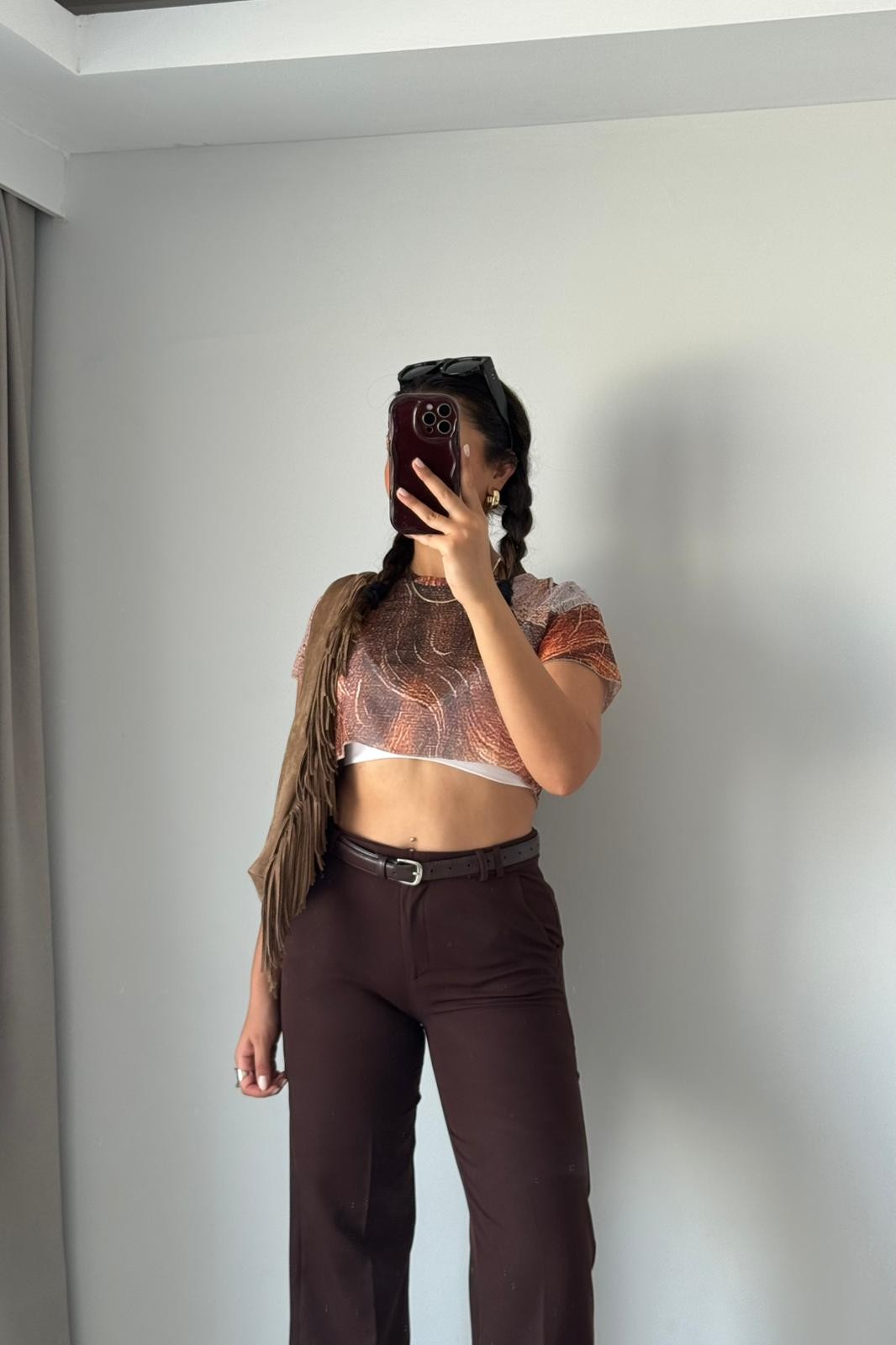 Doku Desenli Transparan Crop Bluz – Kahve Tonları
