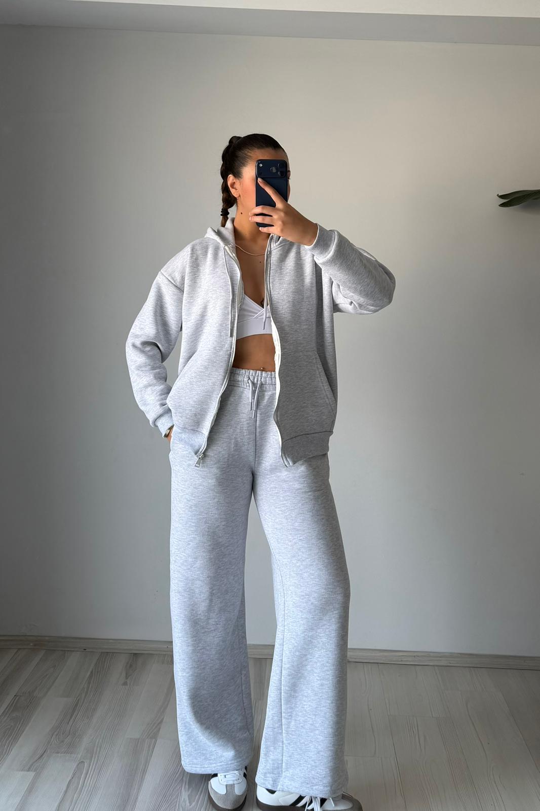 Gri Üç İplik Şardonlu Oversize Eşofman Takımı