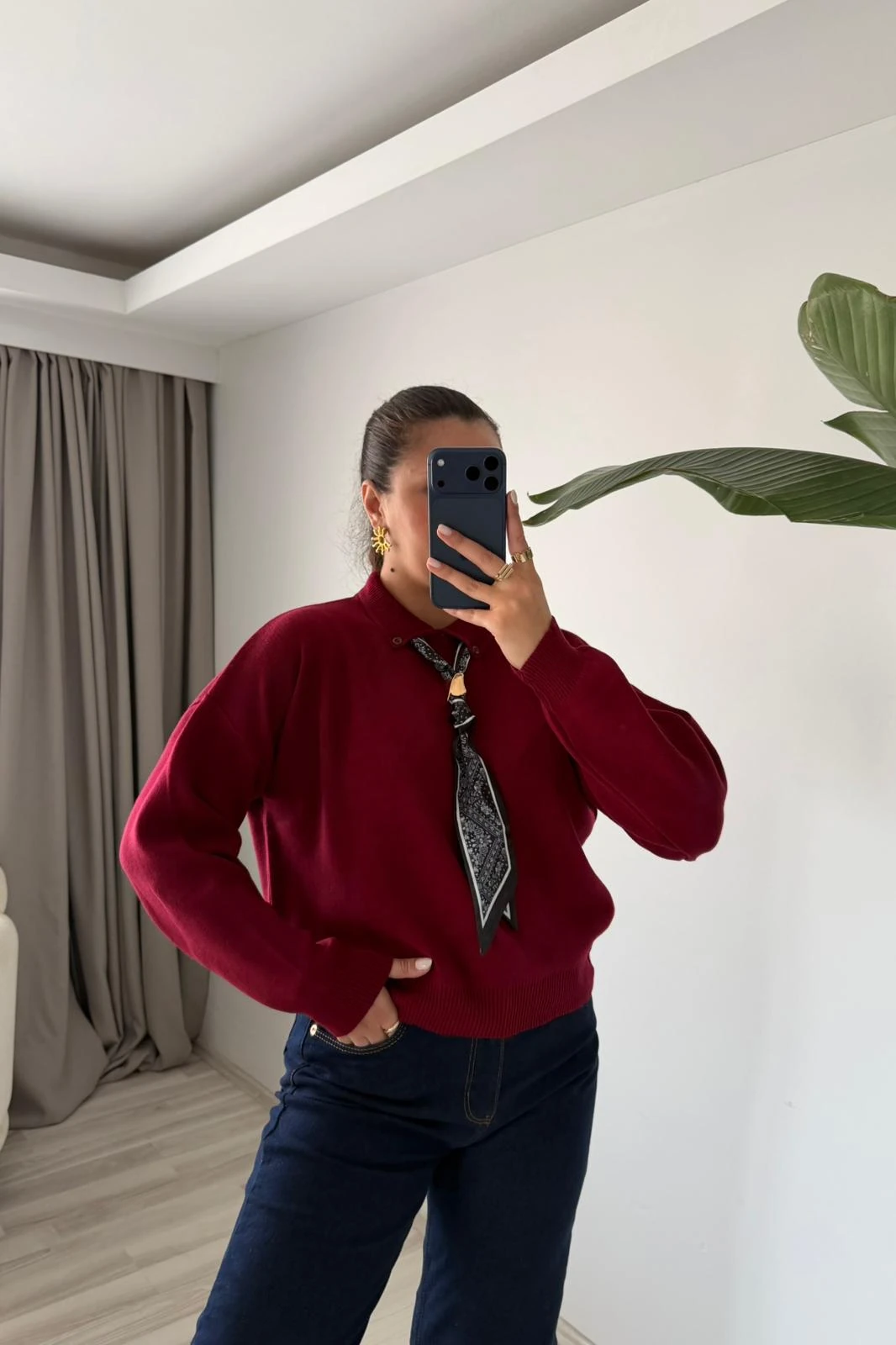 Oversize Polo Yaka Triko Kazak (Fularlı)