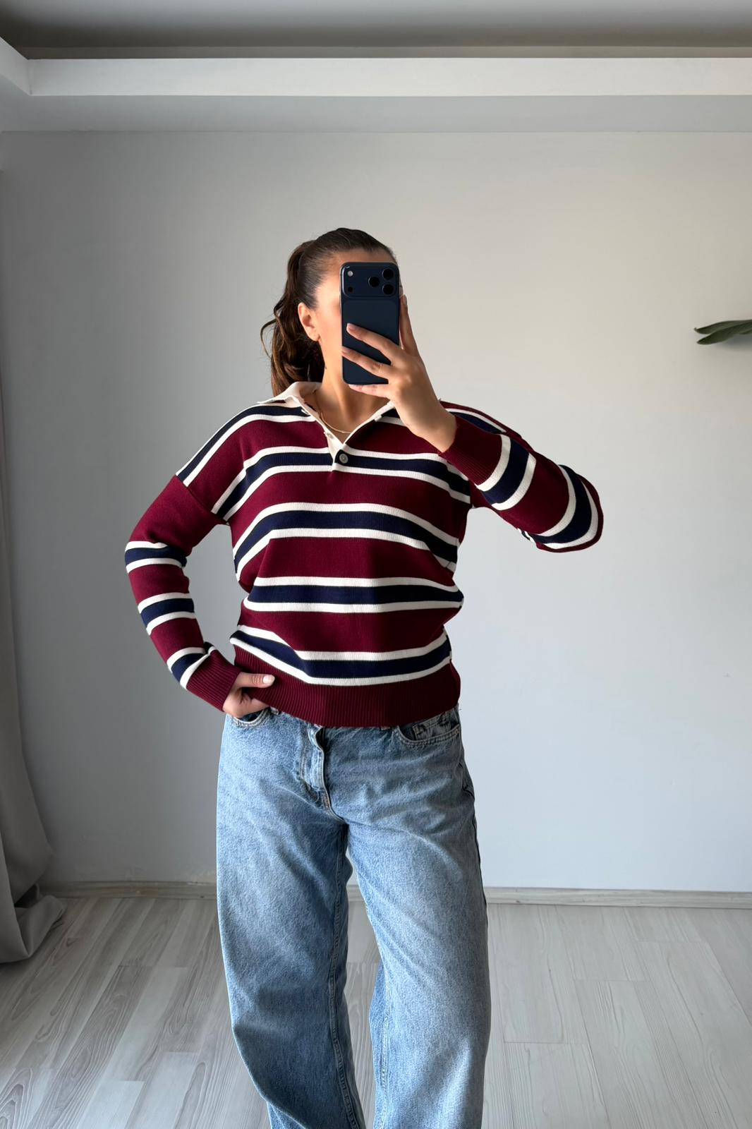 Polo Çizgi Triko – Bordo