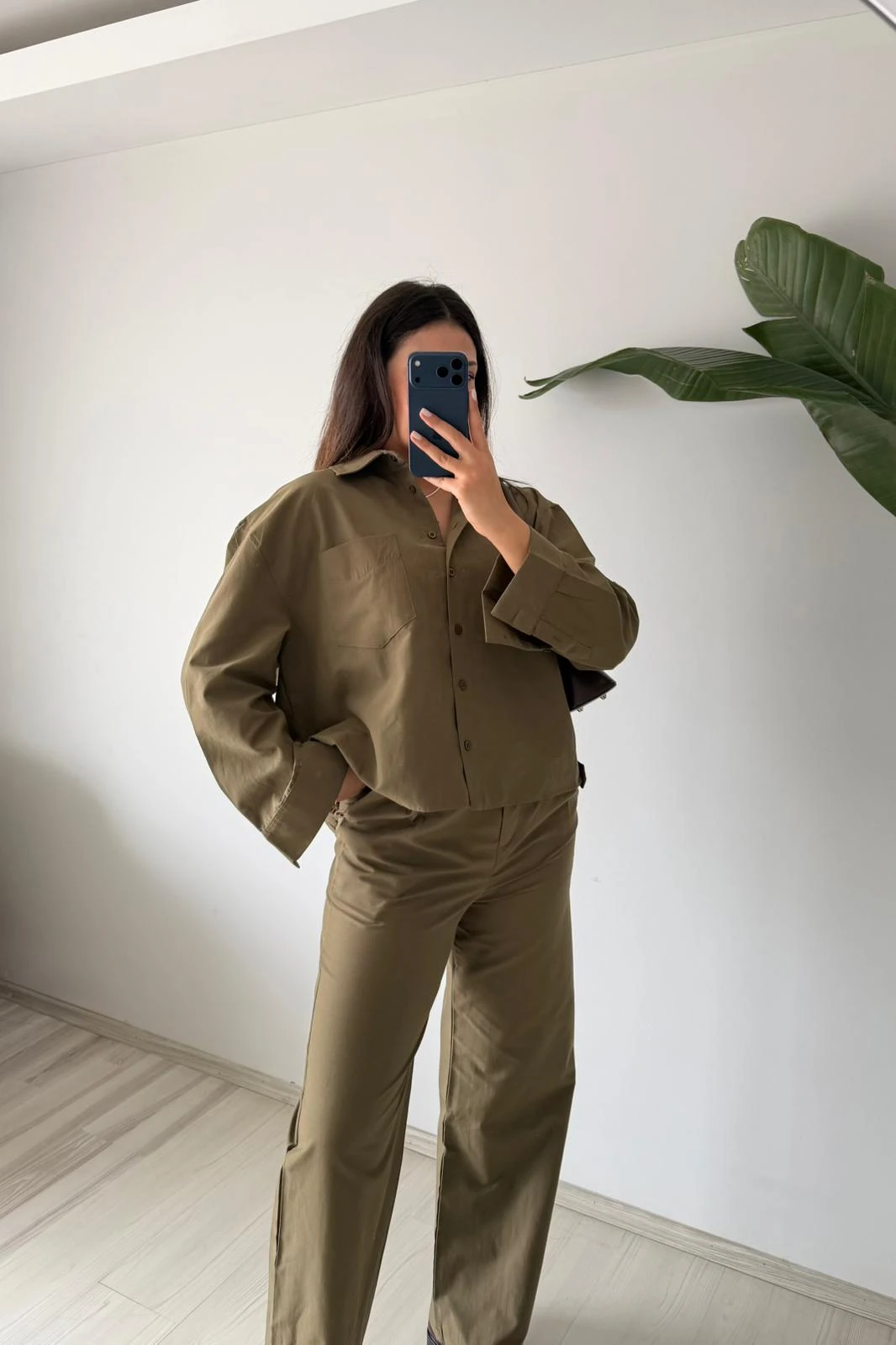 Hacimli Gömlek Palazzo Takım - haki