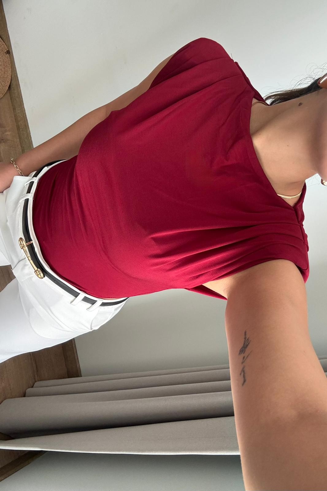 Drape Detaylı Vatkalı Bluz - bordo