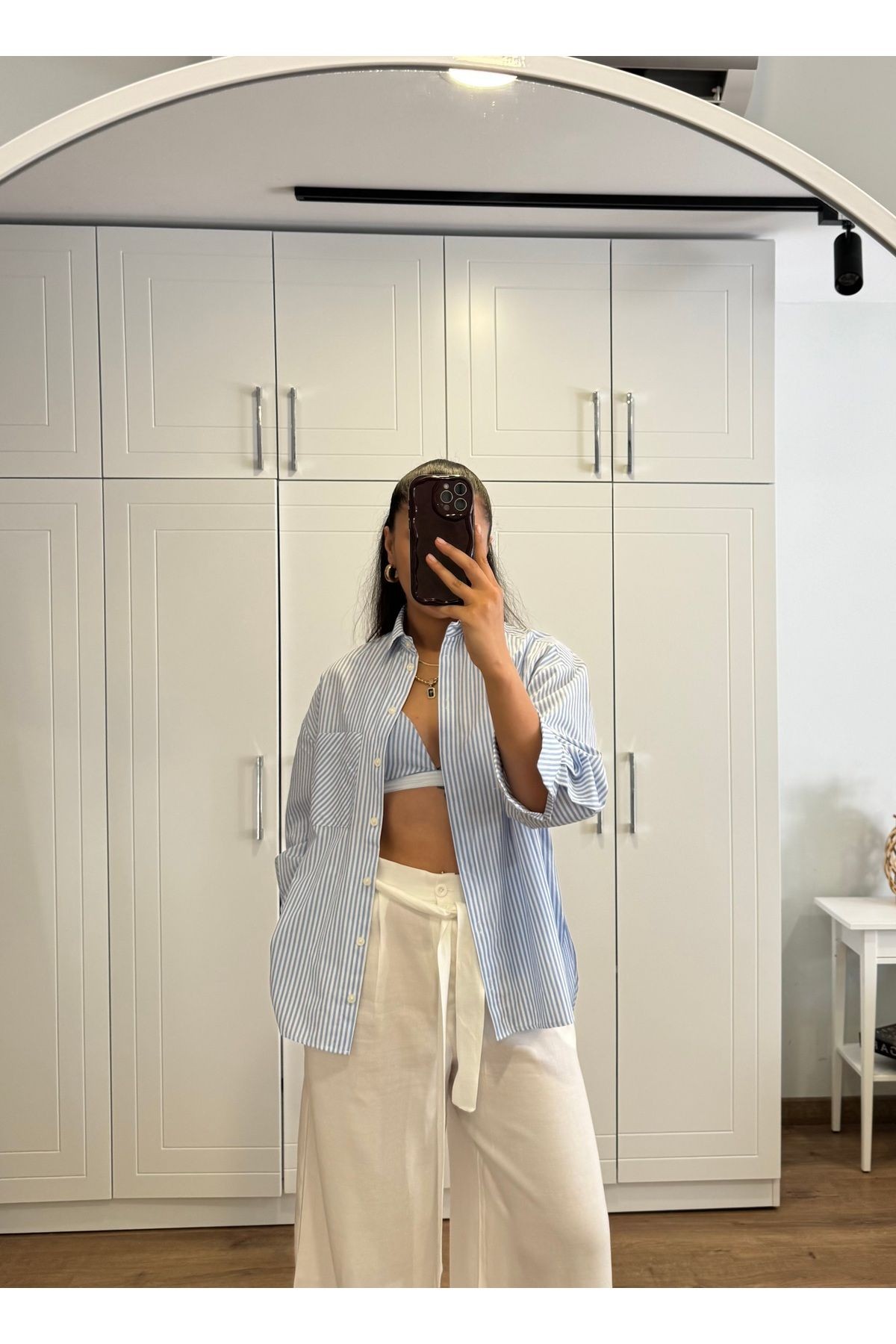 Kadın Çizgili Oversize Gömlek & Bralet Takım