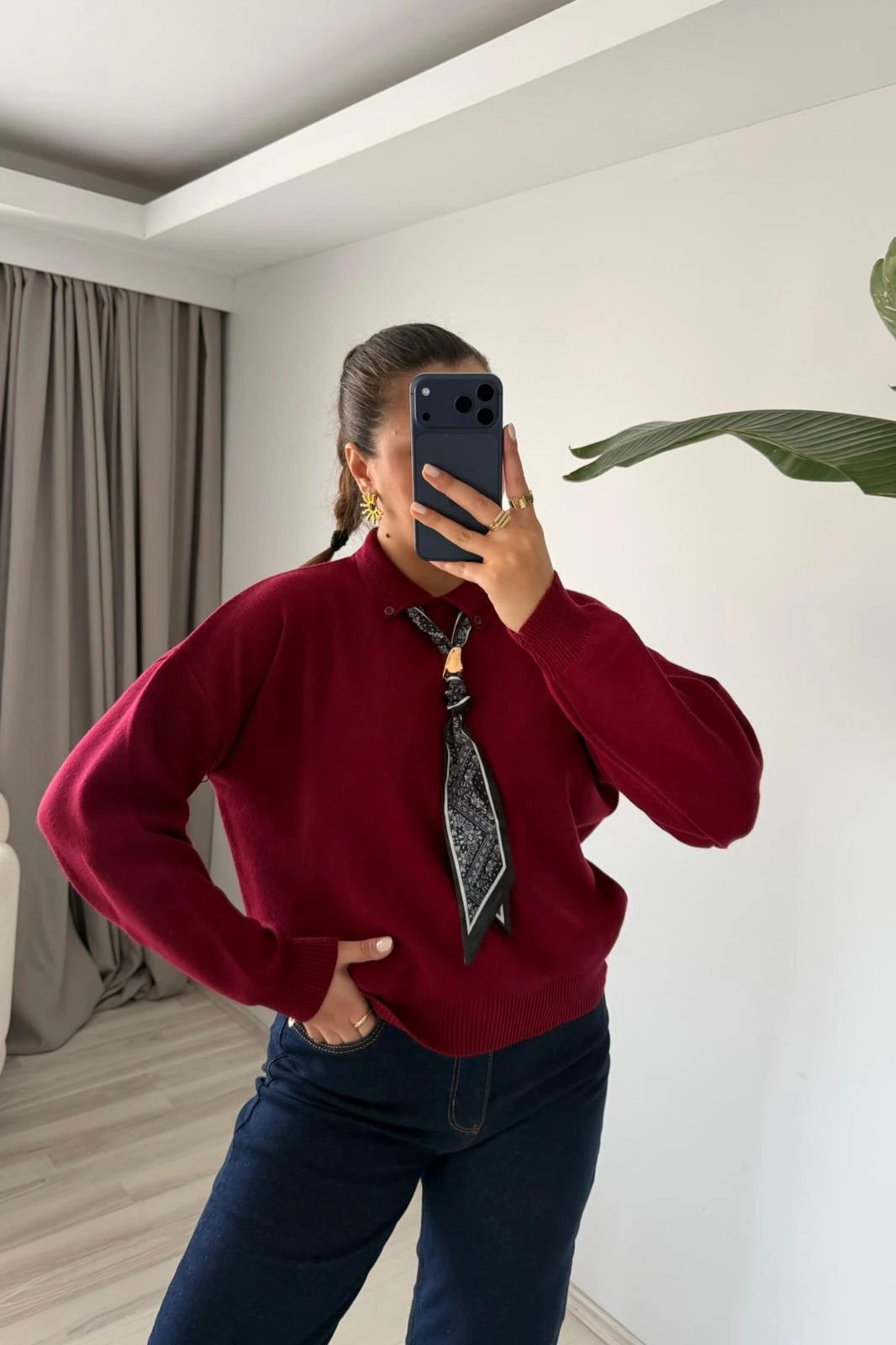 Oversize Polo Yaka Triko Kazak (Fularlı)