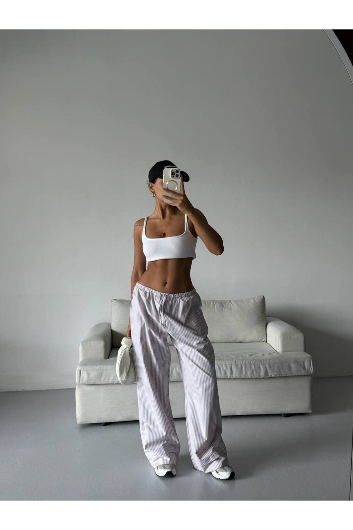 Çizgili Bel Lastikli Oversize Pantolon - pembe
