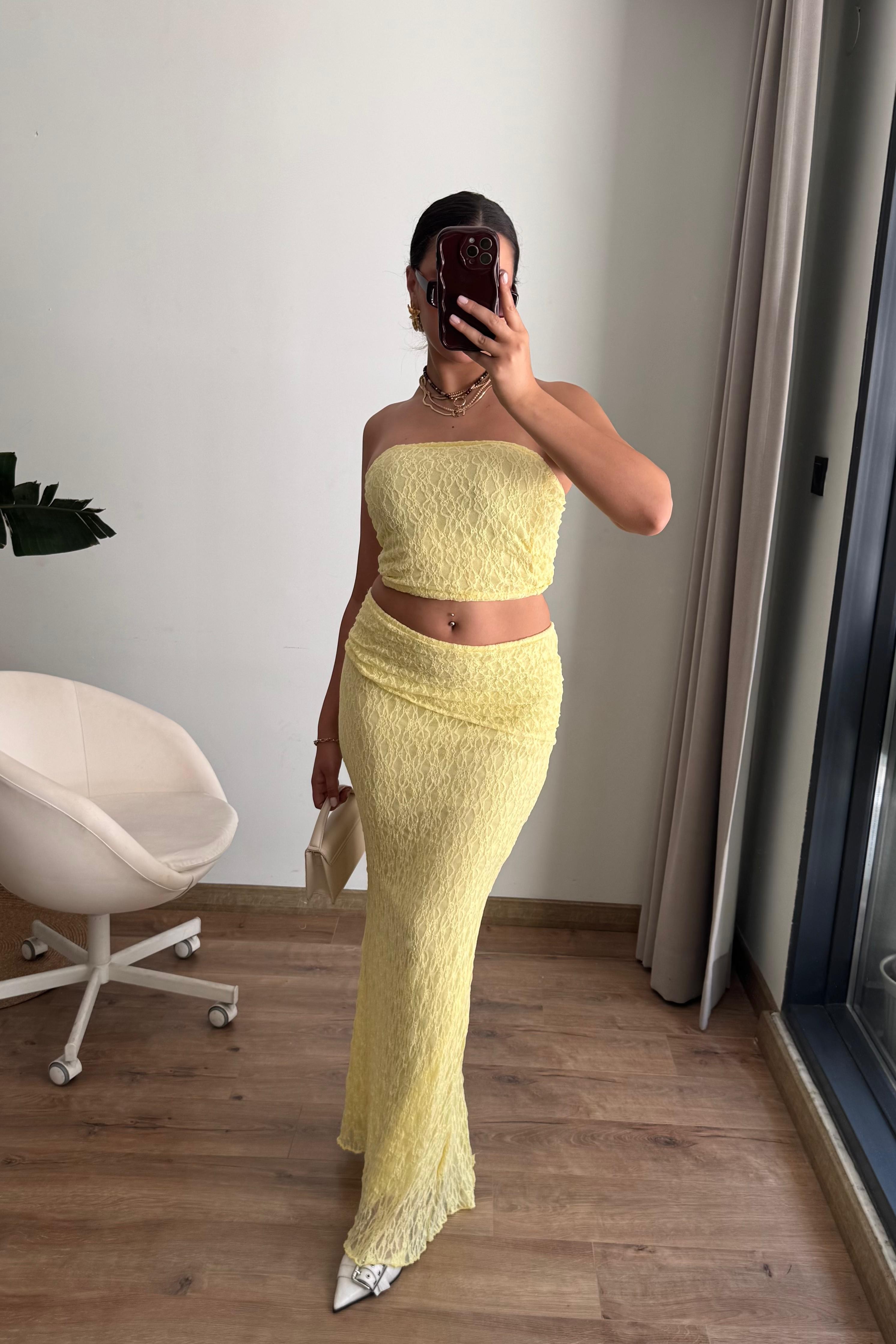 Straplez Dantel Maxi Takım - sarı