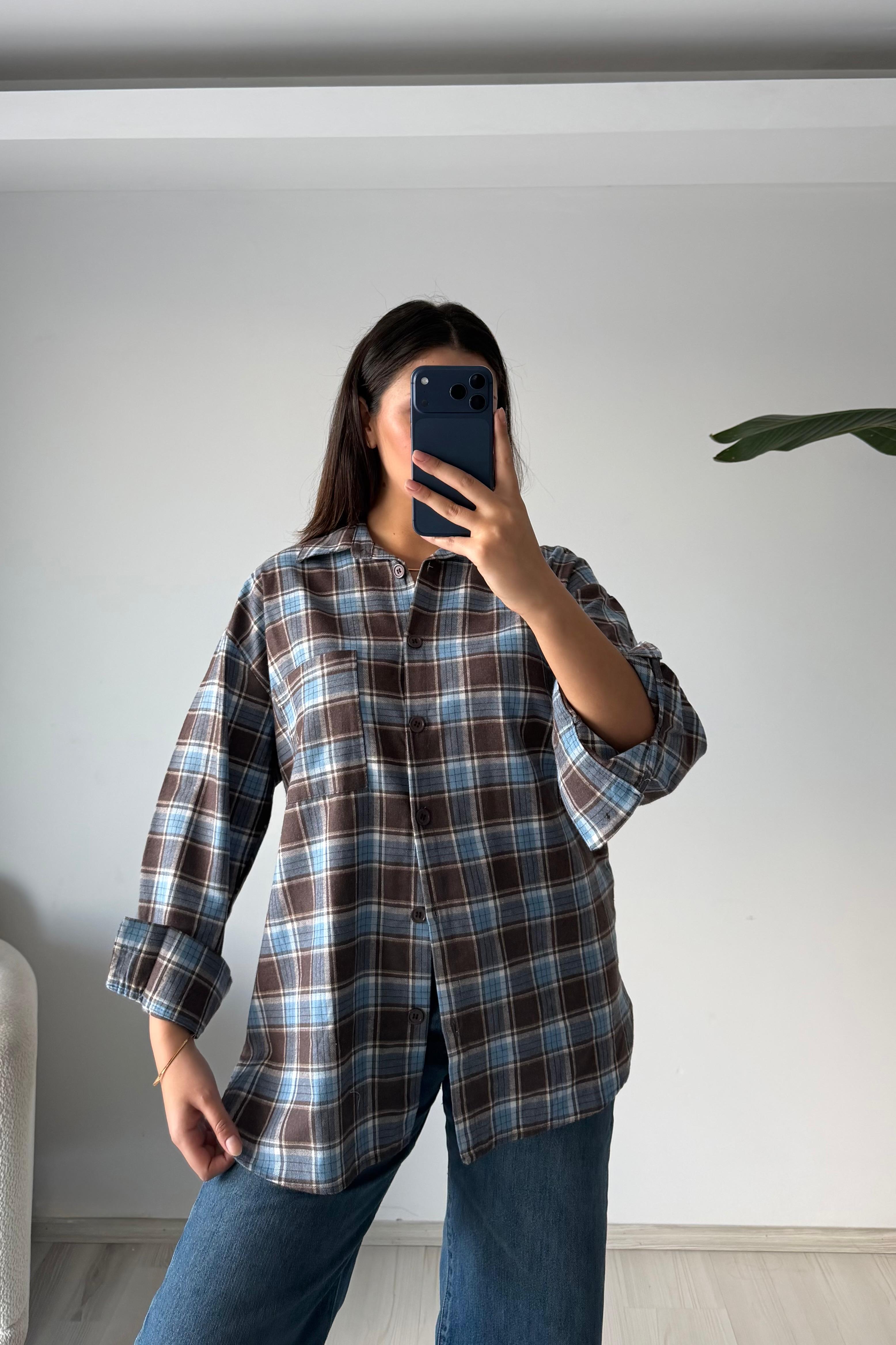 Oduncu Dokulu Kareli Oversize Gömlek - mavi