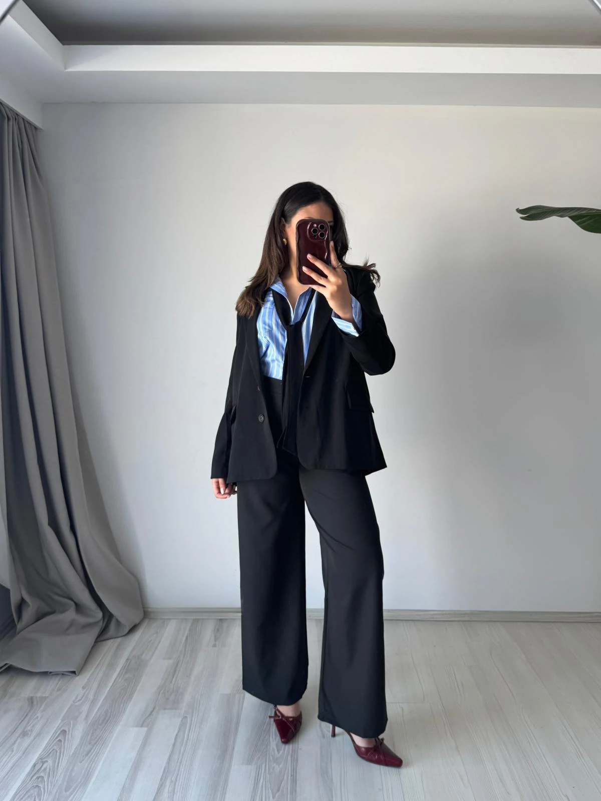 Klasik Kesim Düğmeli Blazer Palazzo Takım