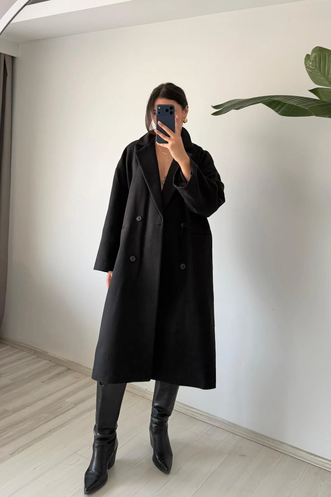  Düğmeli Oversize Uzun Kaban - siyah