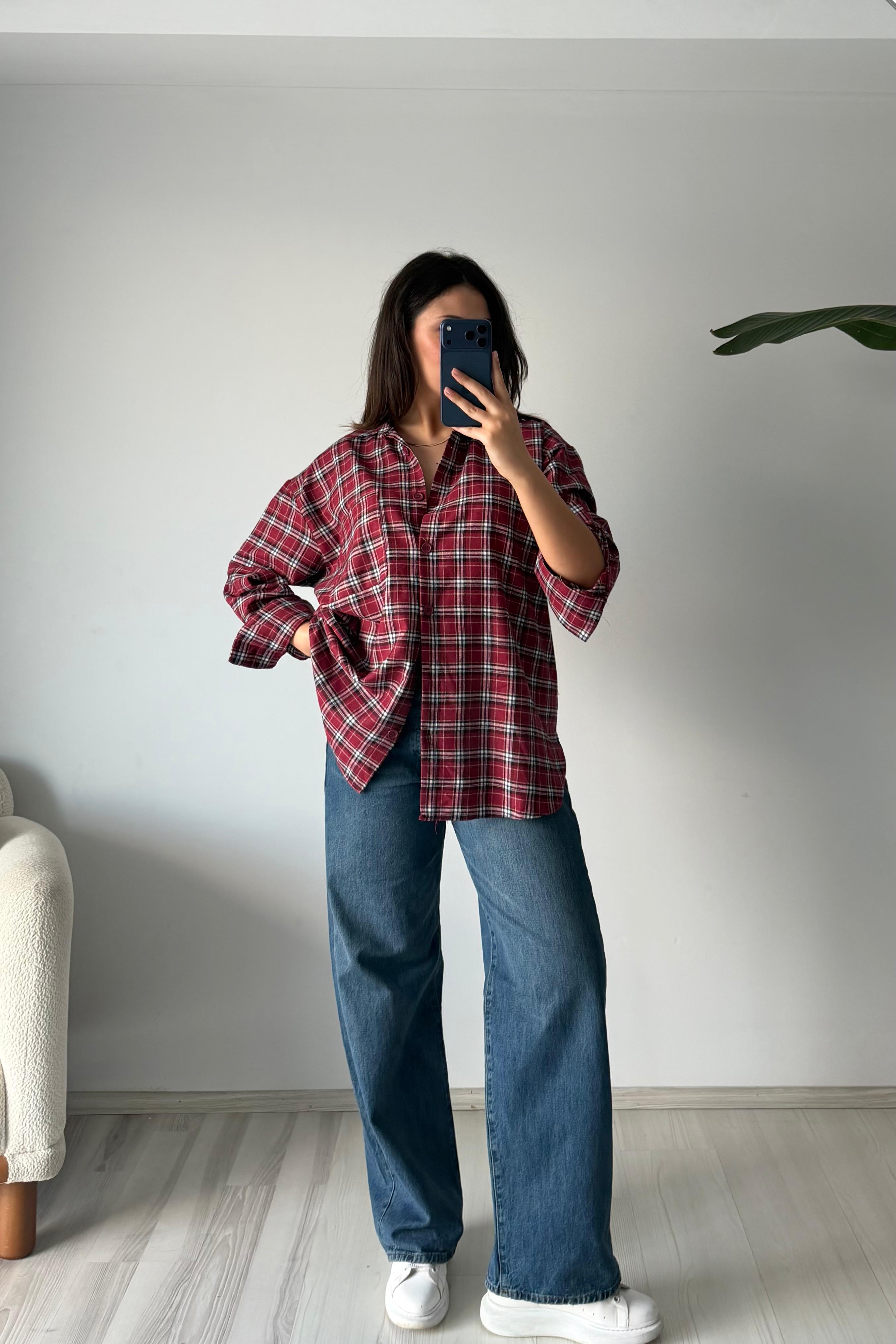 Oduncu Dokulu Kareli Oversize Gömlek - kırmızı