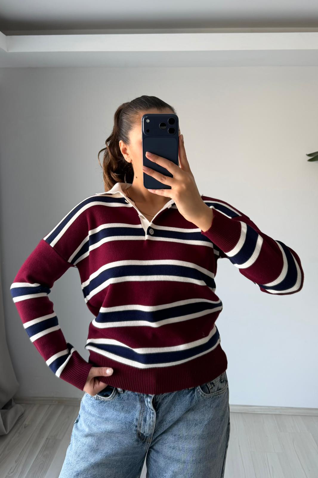 Polo Çizgi Triko – Bordo