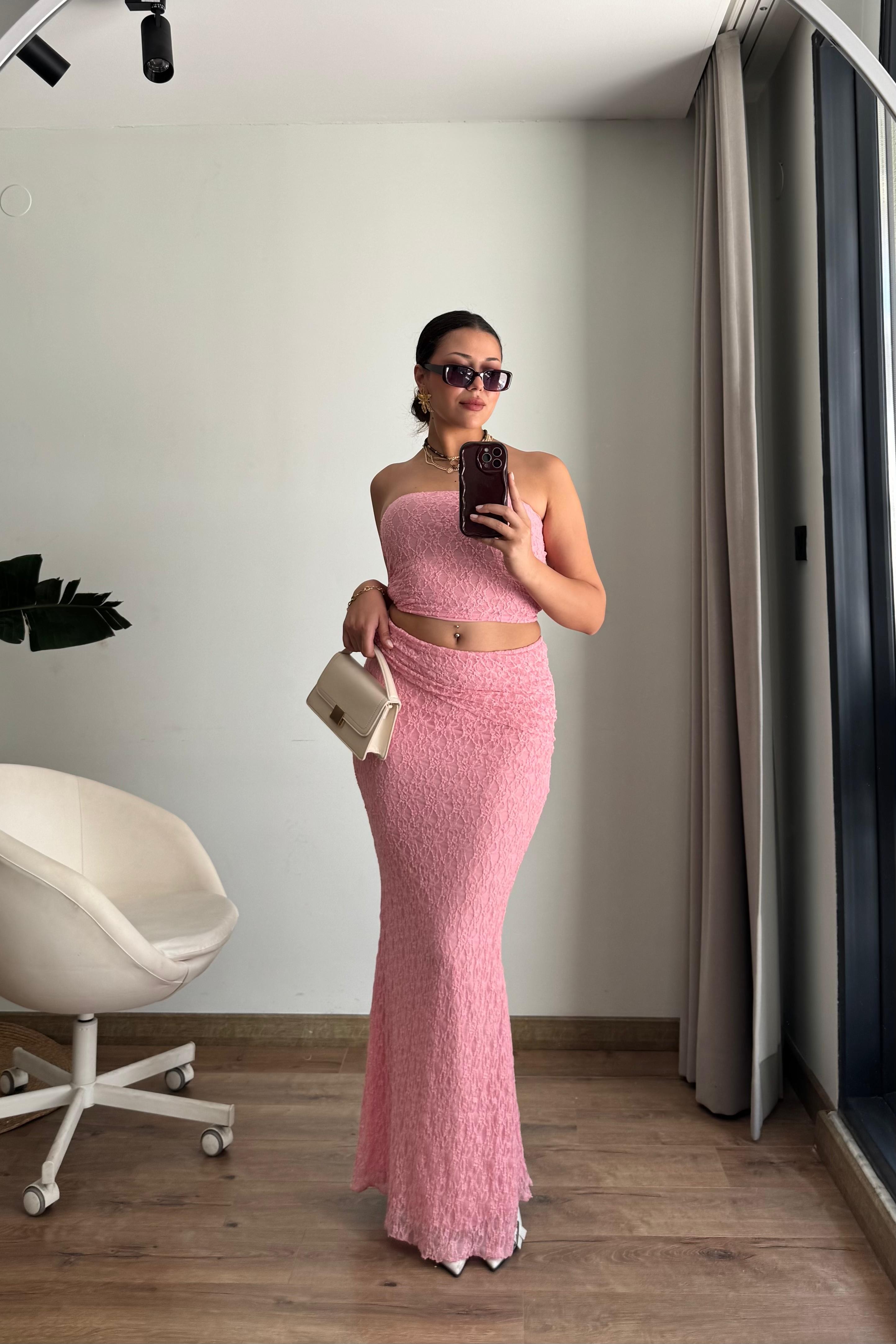 Straplez Dantel Maxi Takım - pembe