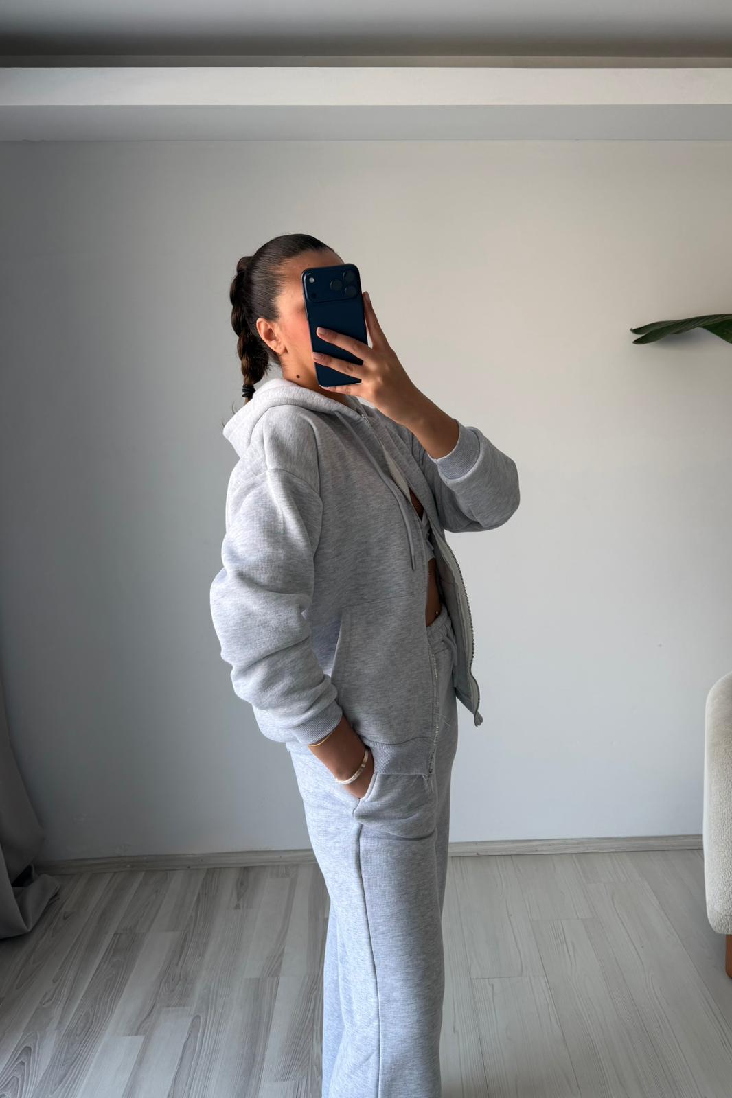 Gri Üç İplik Şardonlu Oversize Eşofman Takımı