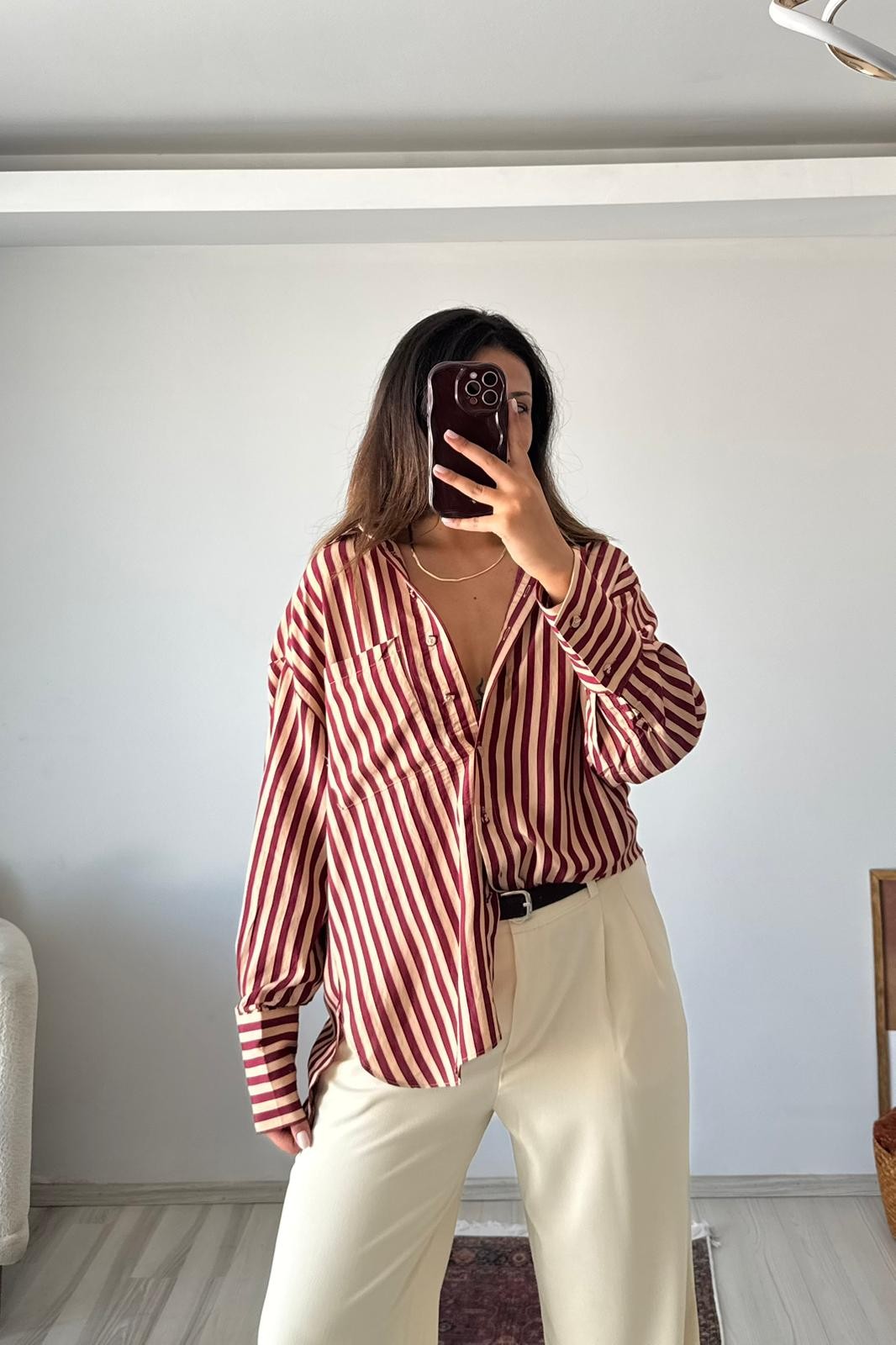 Bordo Çizgili Oversize Uzun Kollu Gömlek