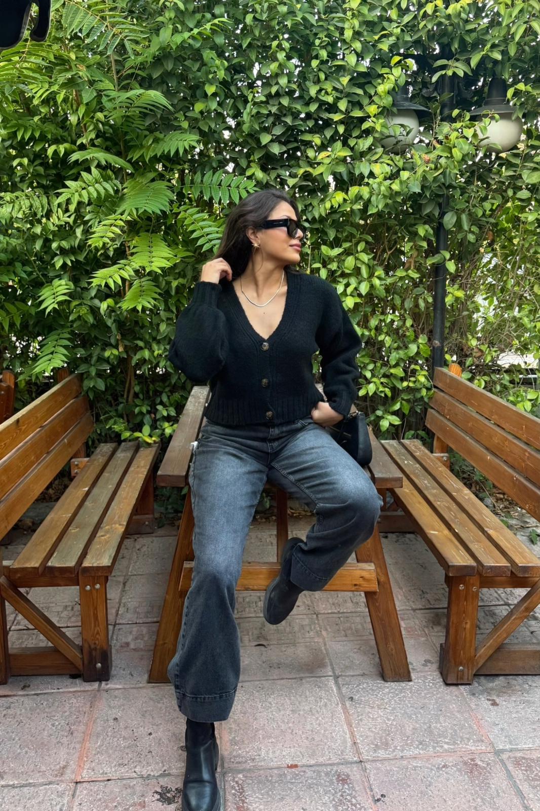 Kadın Crop Triko Hırka - siyah