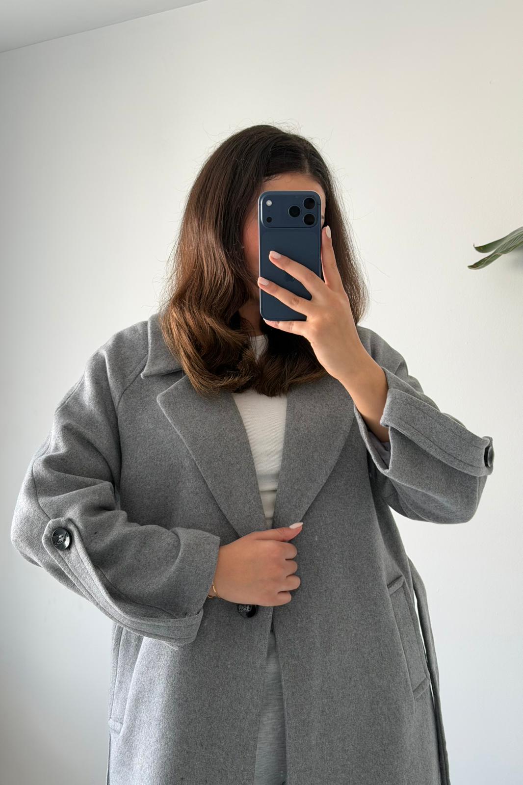 Oversize Kemerli Kaşe Palto