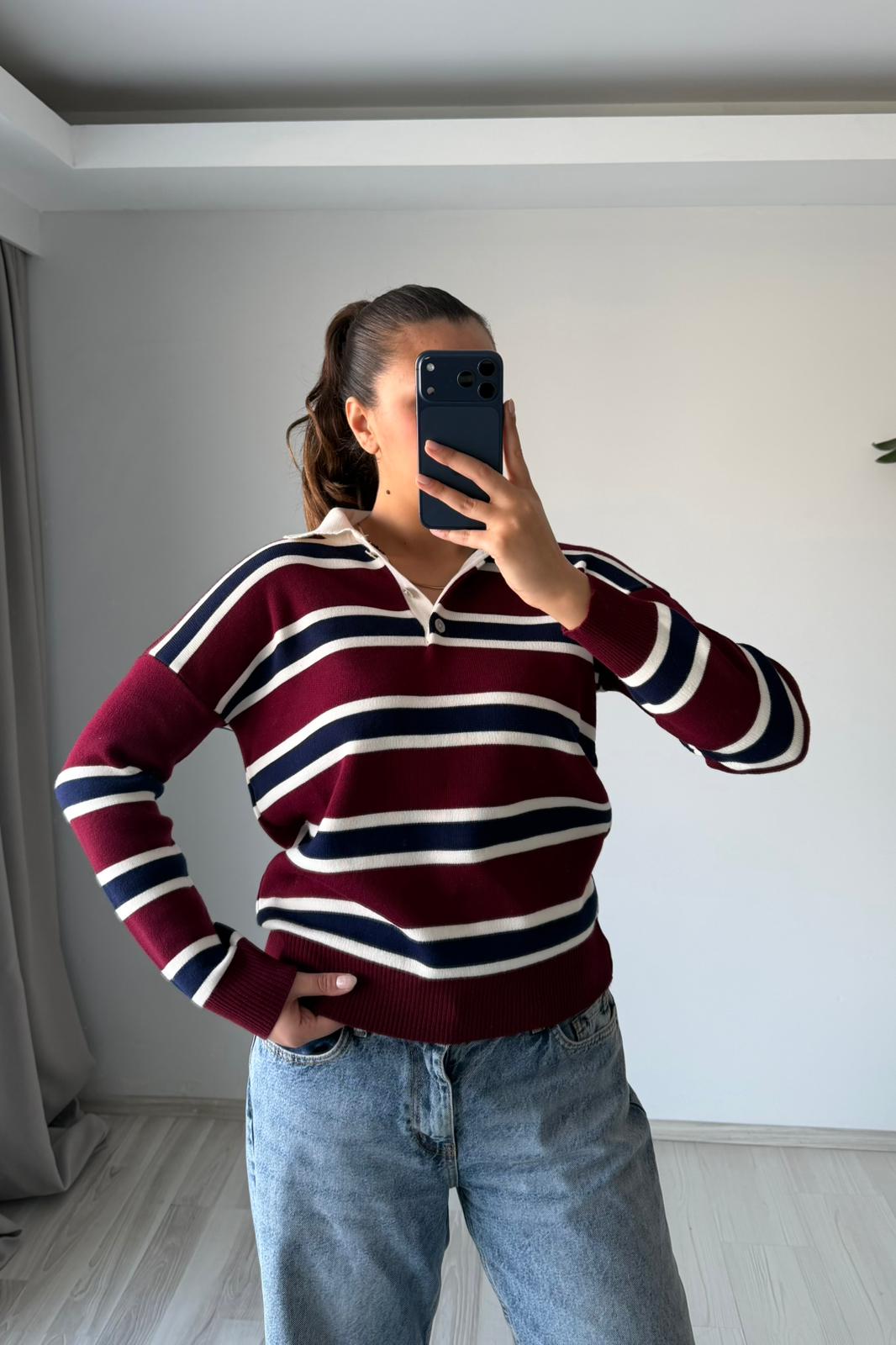 Polo Çizgi Triko – Bordo