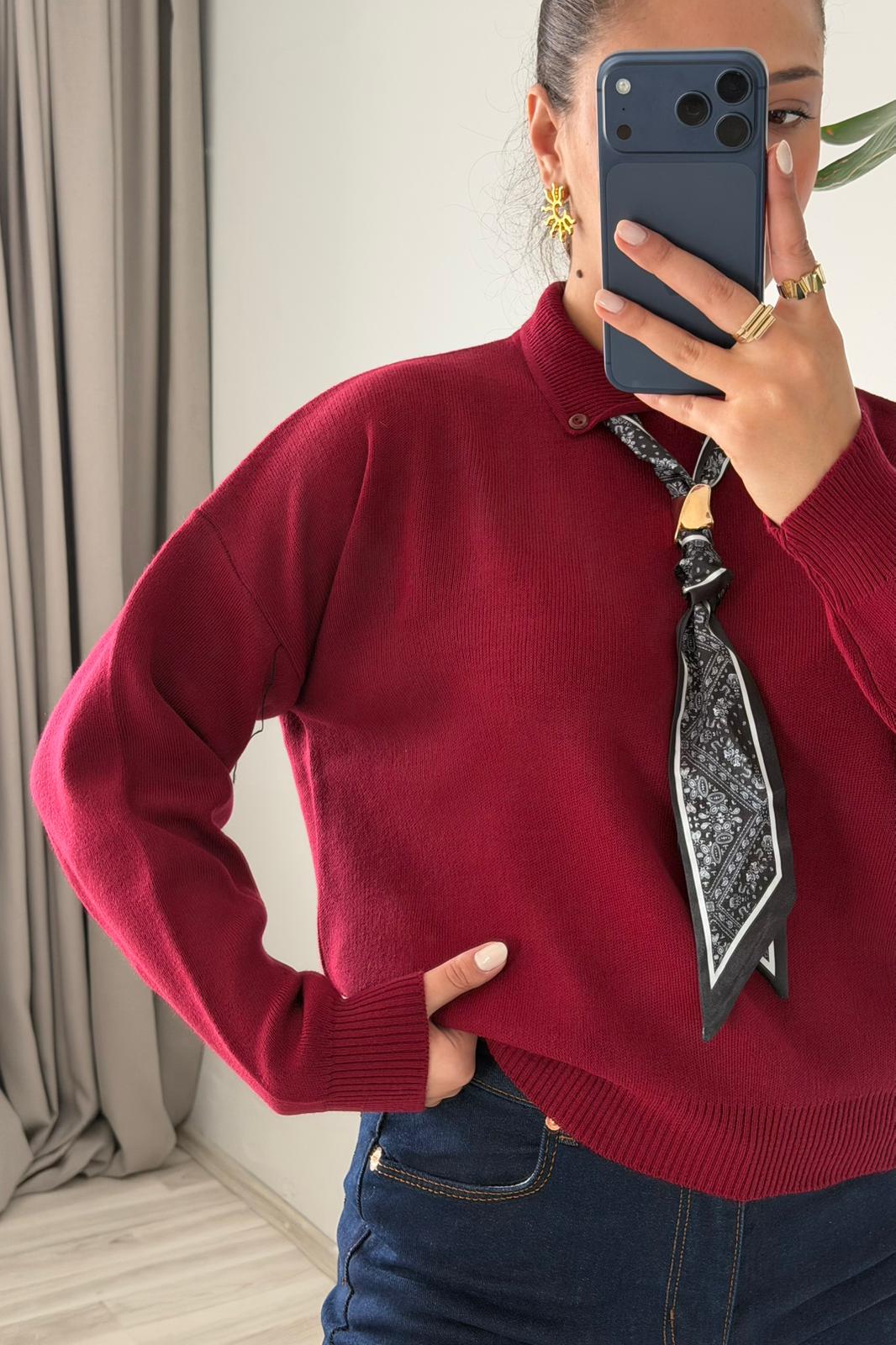 Oversize Polo Yaka Triko Kazak (Fularlı)