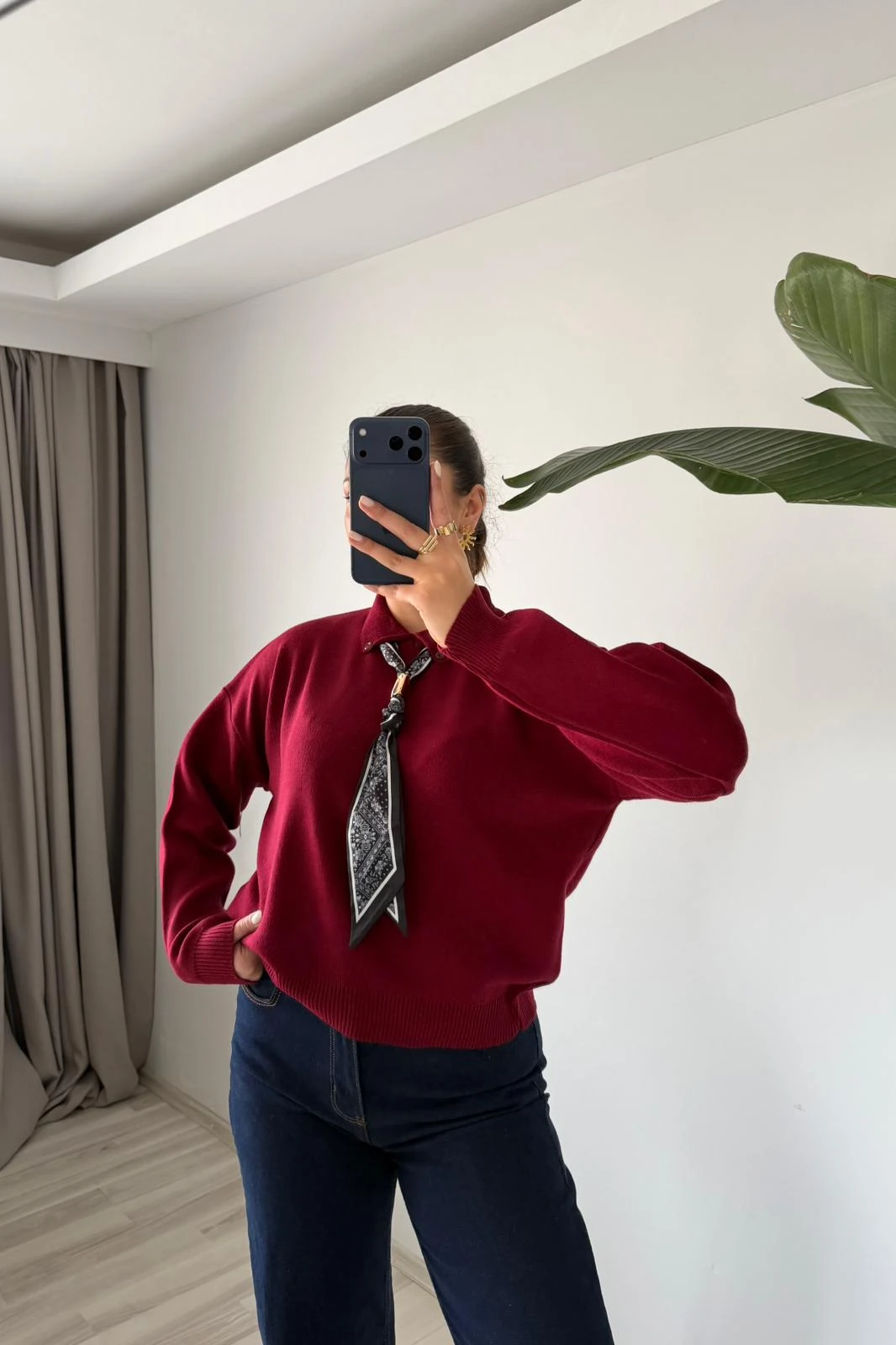 Oversize Polo Yaka Triko Kazak (Fularlı)