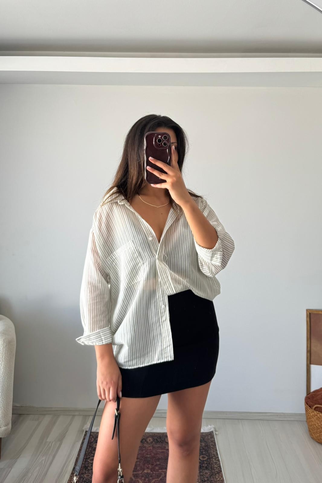 Çizgili Oversize Uzun Kollu Gömlek – Ekru/Haki