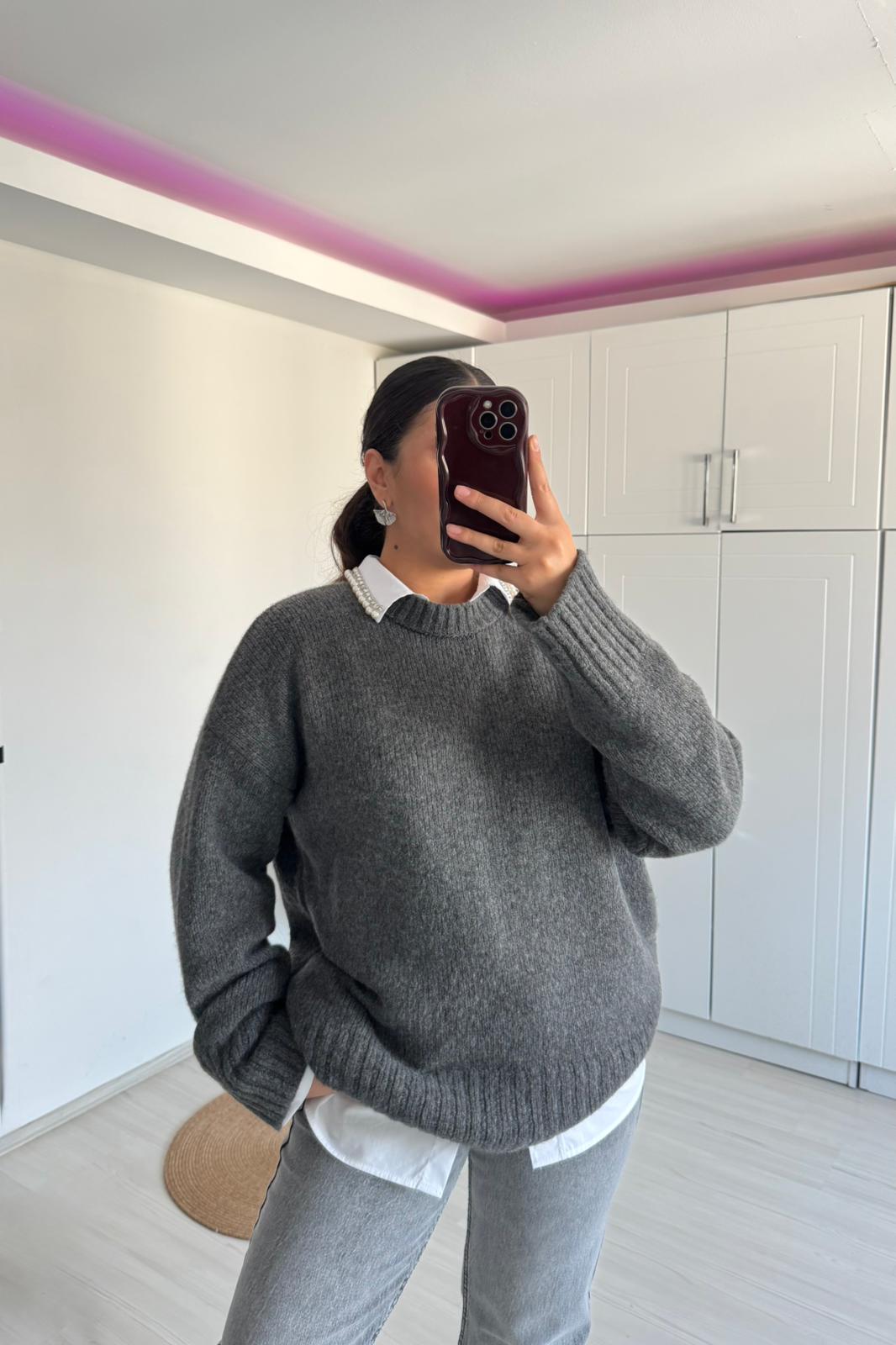 Bisiklet Yaka Oversize Triko Kazak - gri